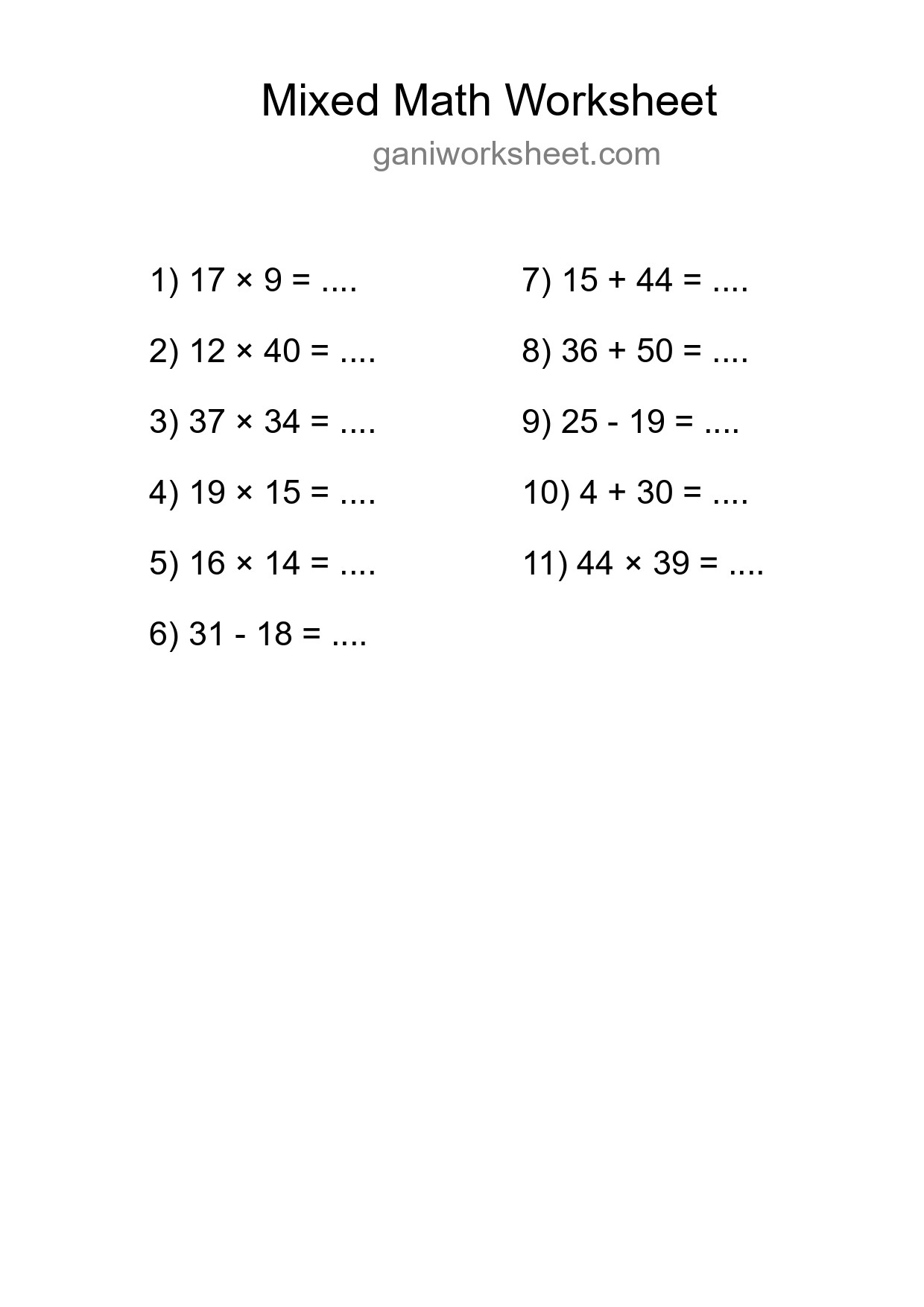 Printable Mixed Operations Worksheet for Grade 3