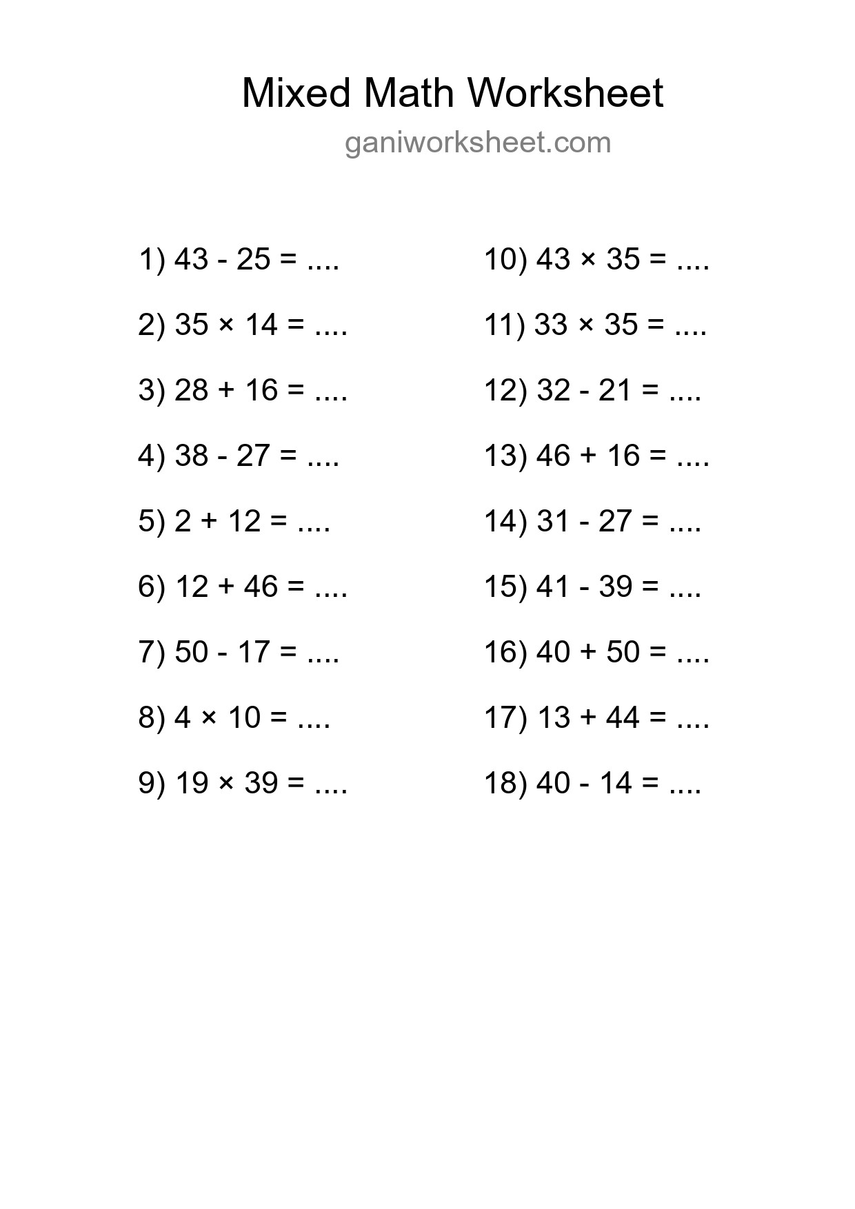 Printable Mixed Operations Worksheet for Grade 3