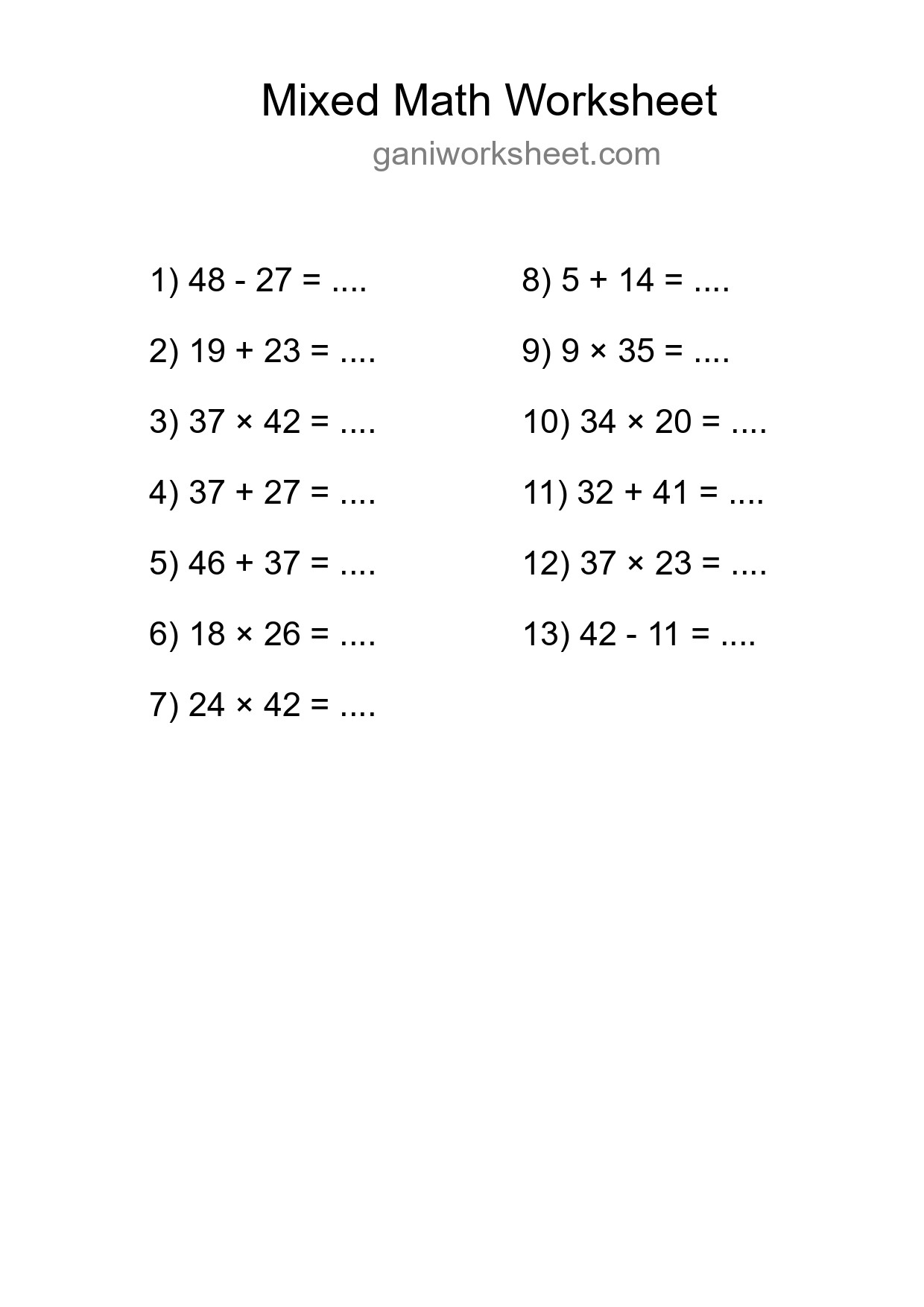 Printable Mixed Operations Worksheet for Grade 3
