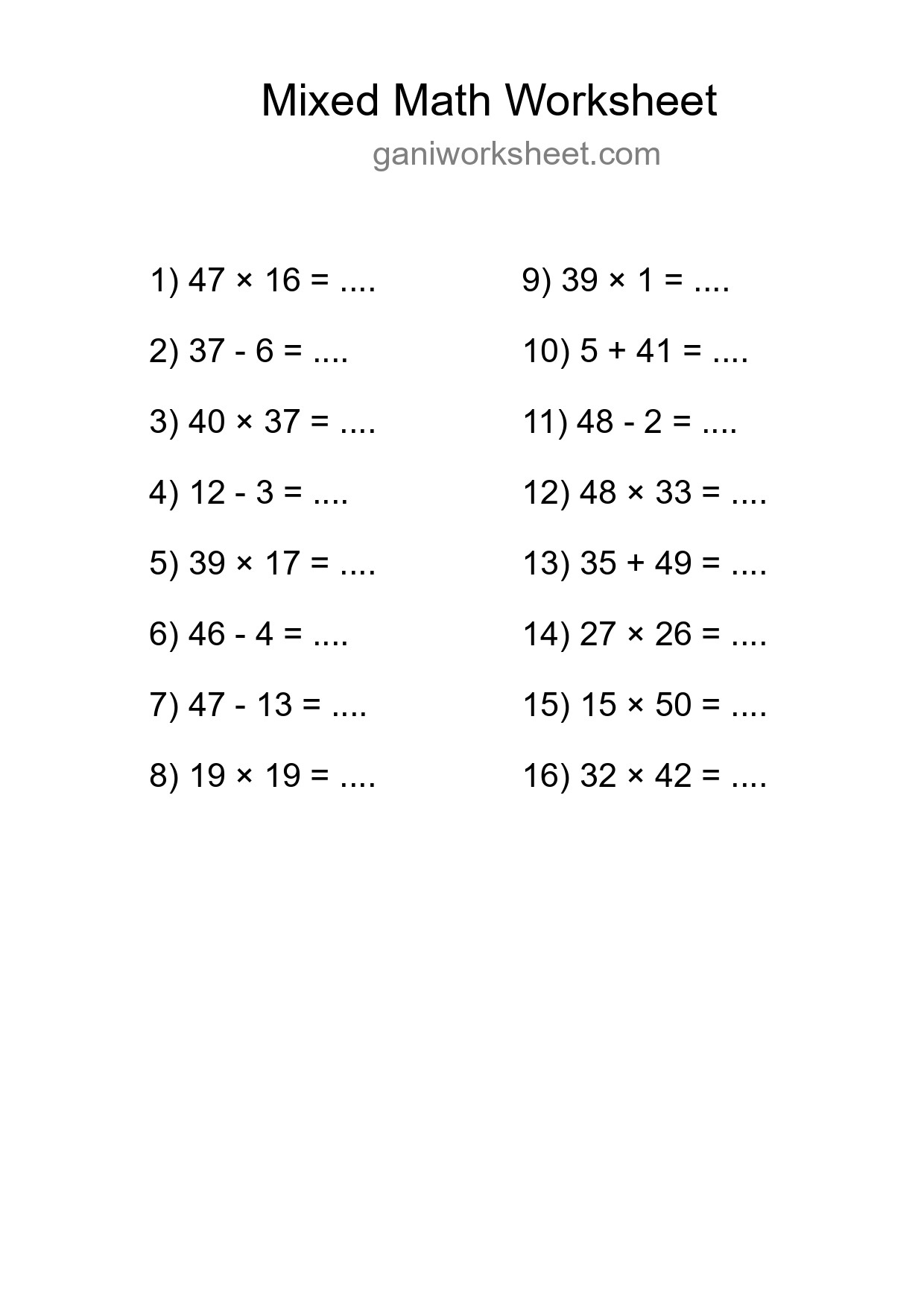 Printable Mixed Operations Worksheet for Grade 3