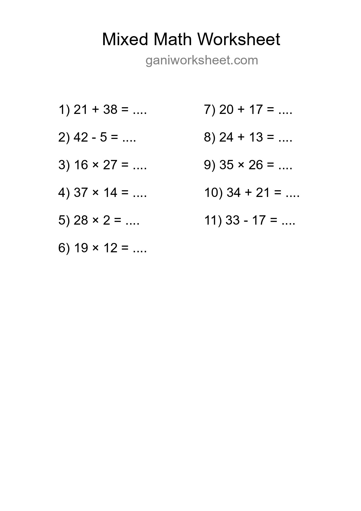 Mixed Operations Math Worksheet