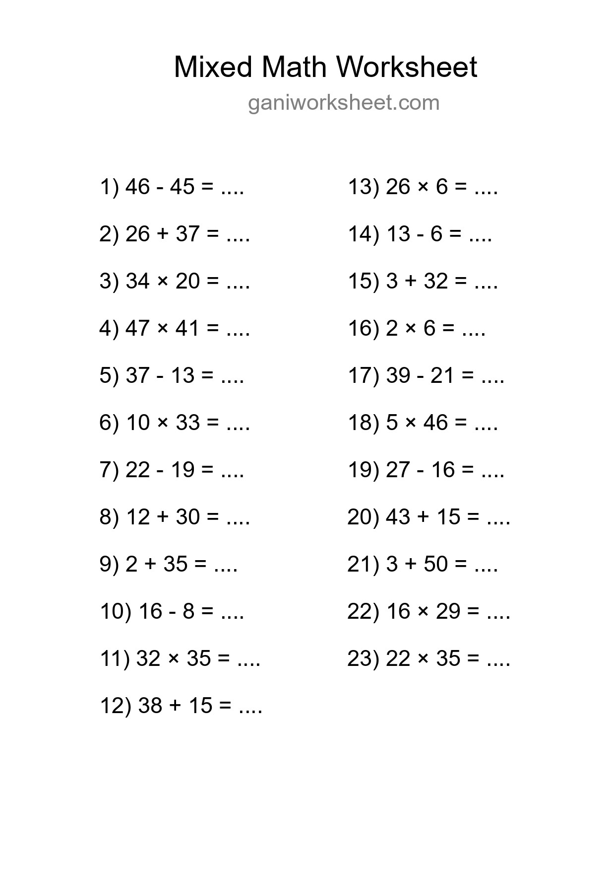 Printable Mixed Operations Worksheet for Grade 3