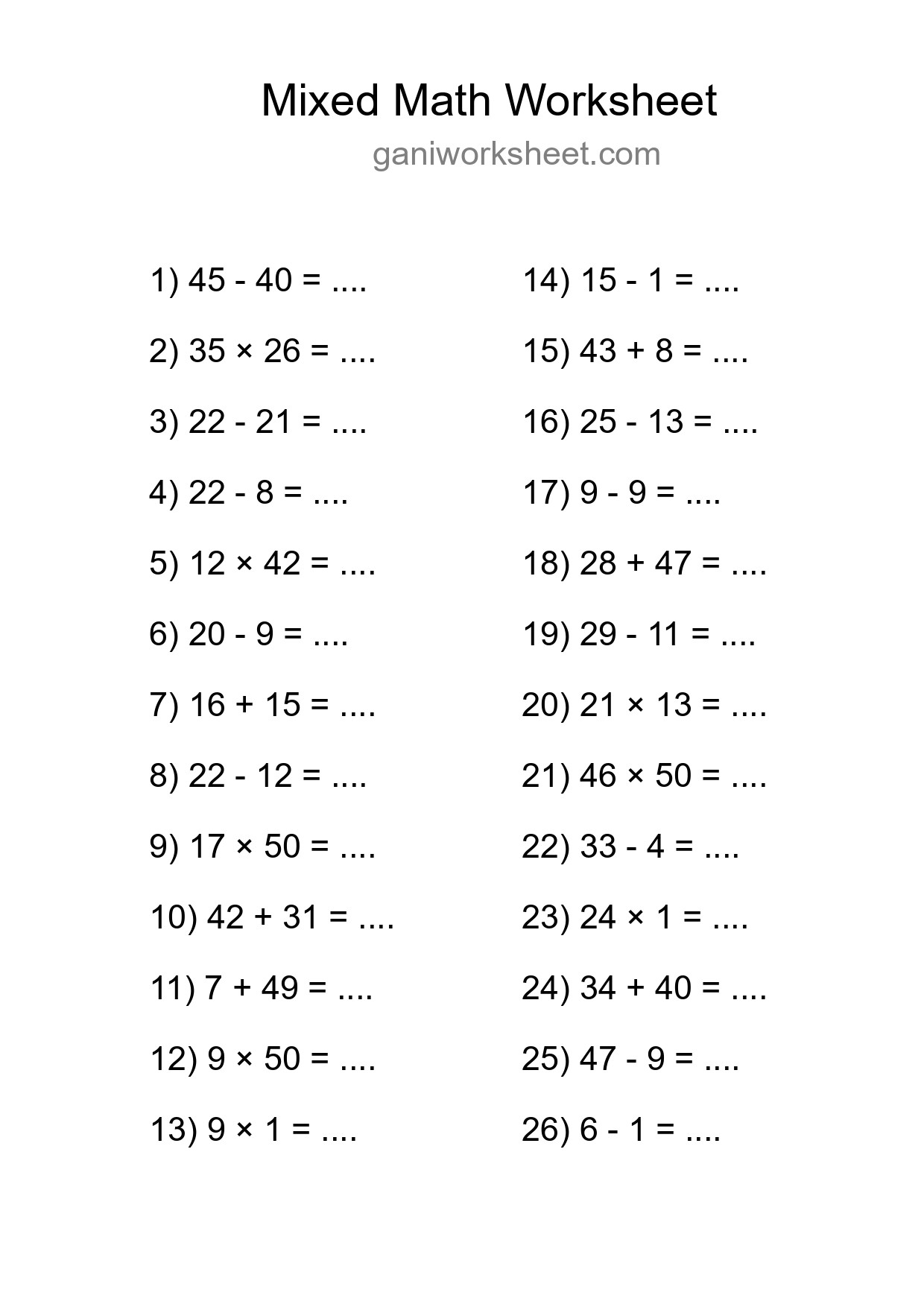 Mixed Operations Math Worksheet