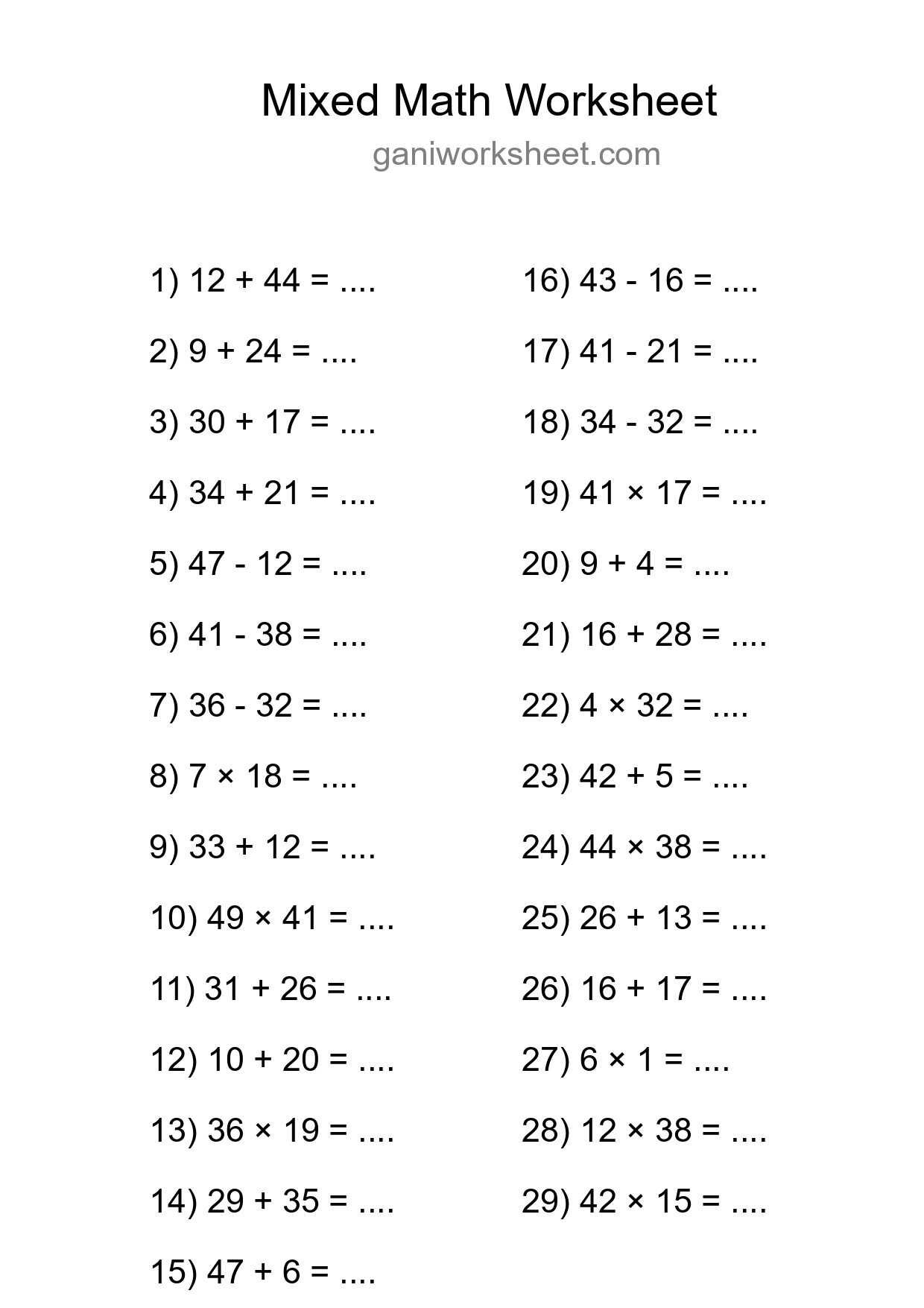 Printable Mixed Operations Worksheet for Grade 3