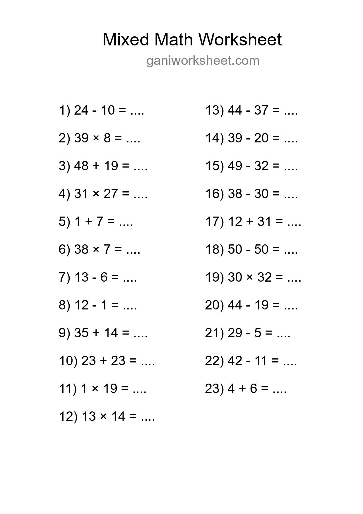 Printable Mixed Operations Worksheet for Grade 3