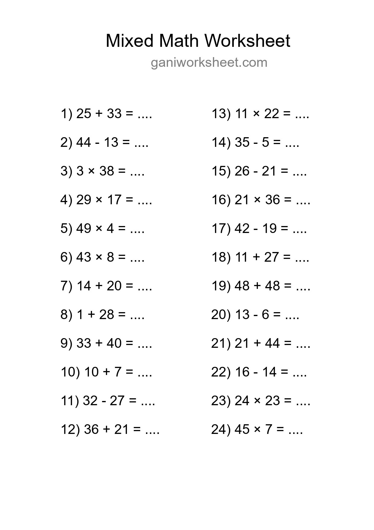 Printable Mixed Operations Worksheet for Grade 3