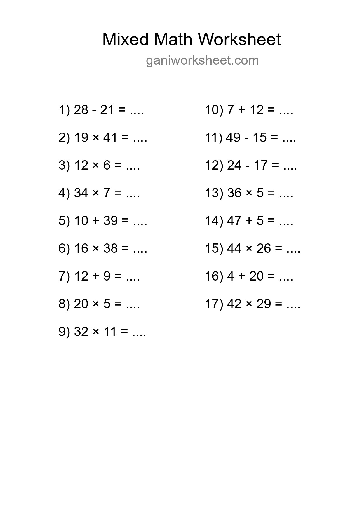 Printable Mixed Operations Worksheet for Grade 3