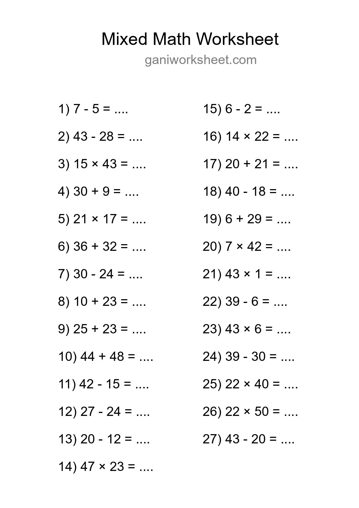 Printable Mixed Operations Worksheet for Grade 3
