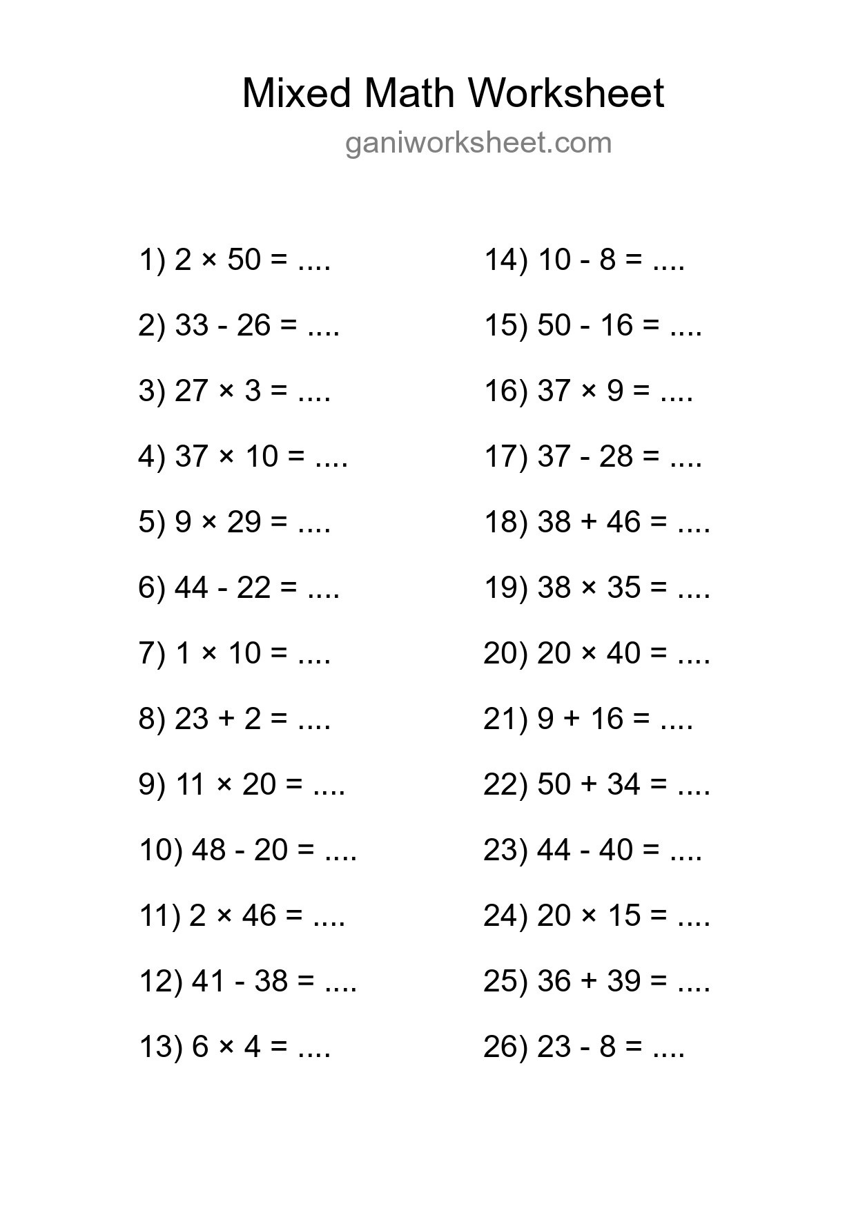 Printable Mixed Operations Worksheet for Grade 3