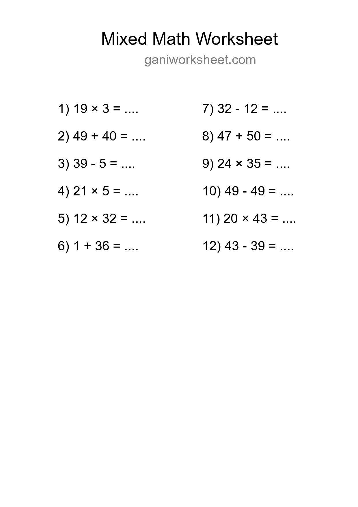 Mixed Operations Math Worksheet