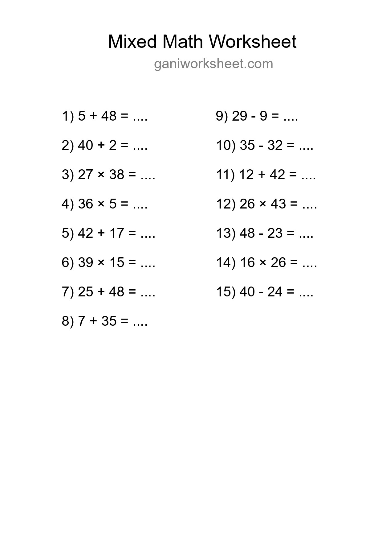 Printable Mixed Operations Worksheet for Grade 3