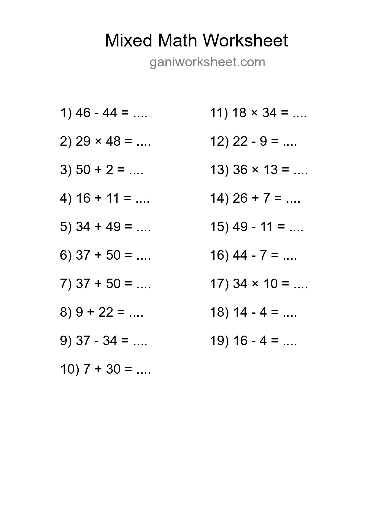 Printable Mixed Operations Worksheet for Grade 3