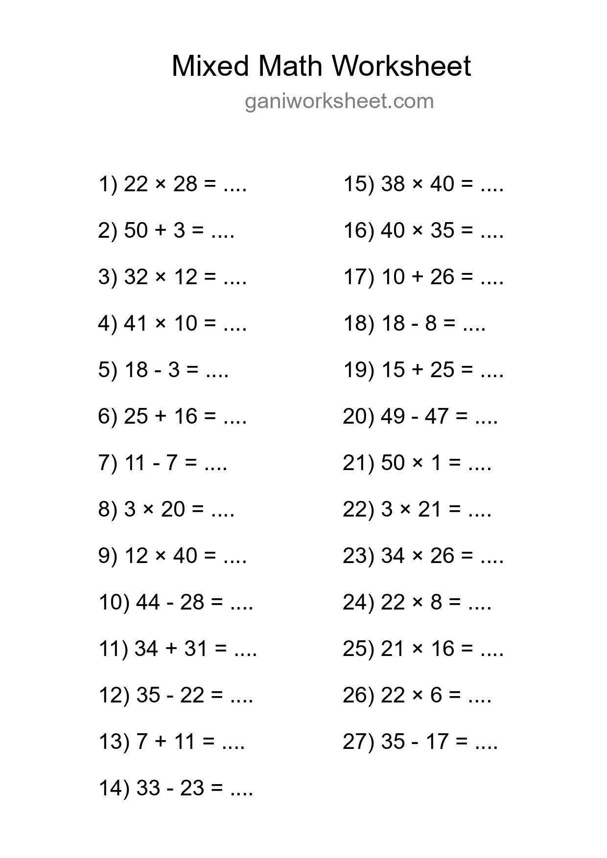 Mixed Operations Math Worksheet