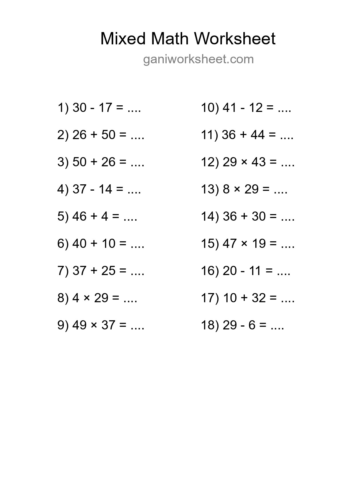 Printable Mixed Operations Worksheet for Grade 3