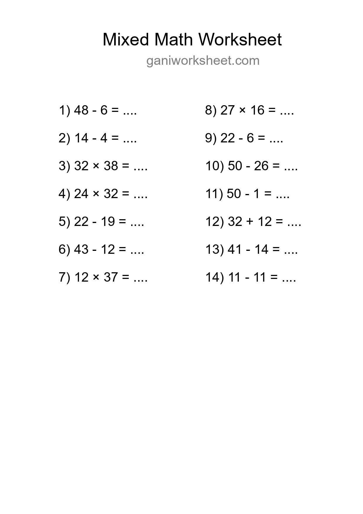 Mixed Operations Math Worksheet
