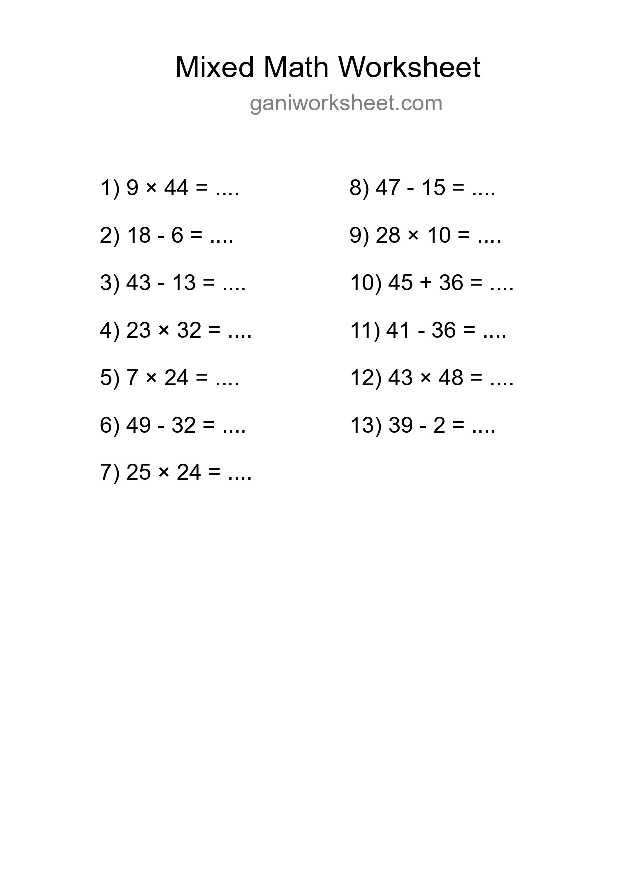 Printable Mixed Operations Worksheet for Grade 3