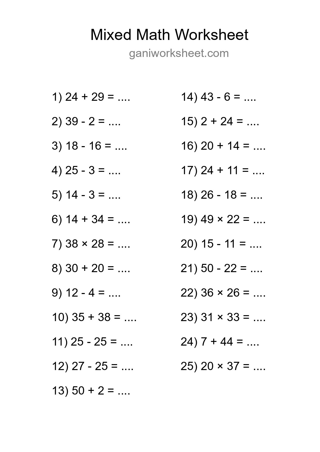 Printable Mixed Operations Worksheet for Grade 3
