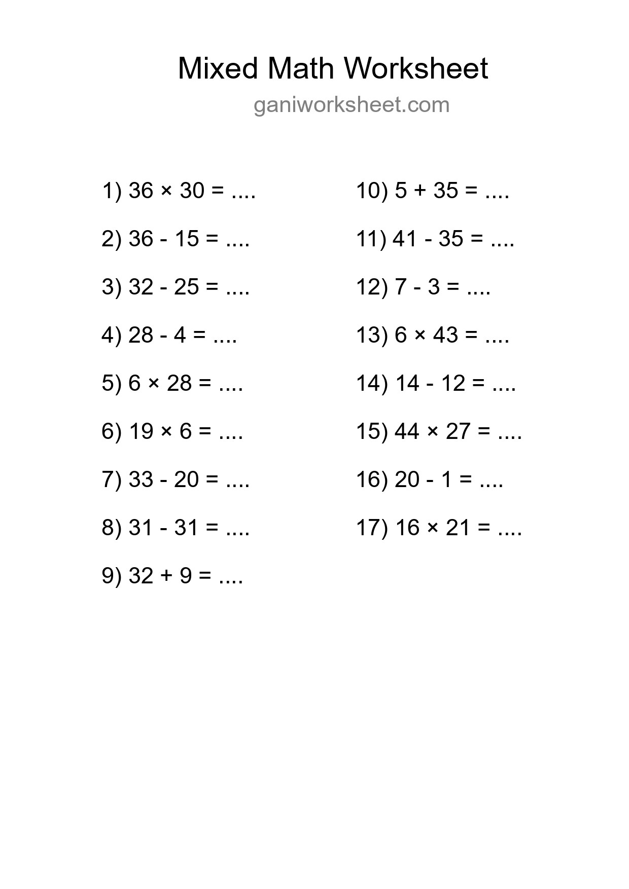 Mixed Operations Math Worksheet