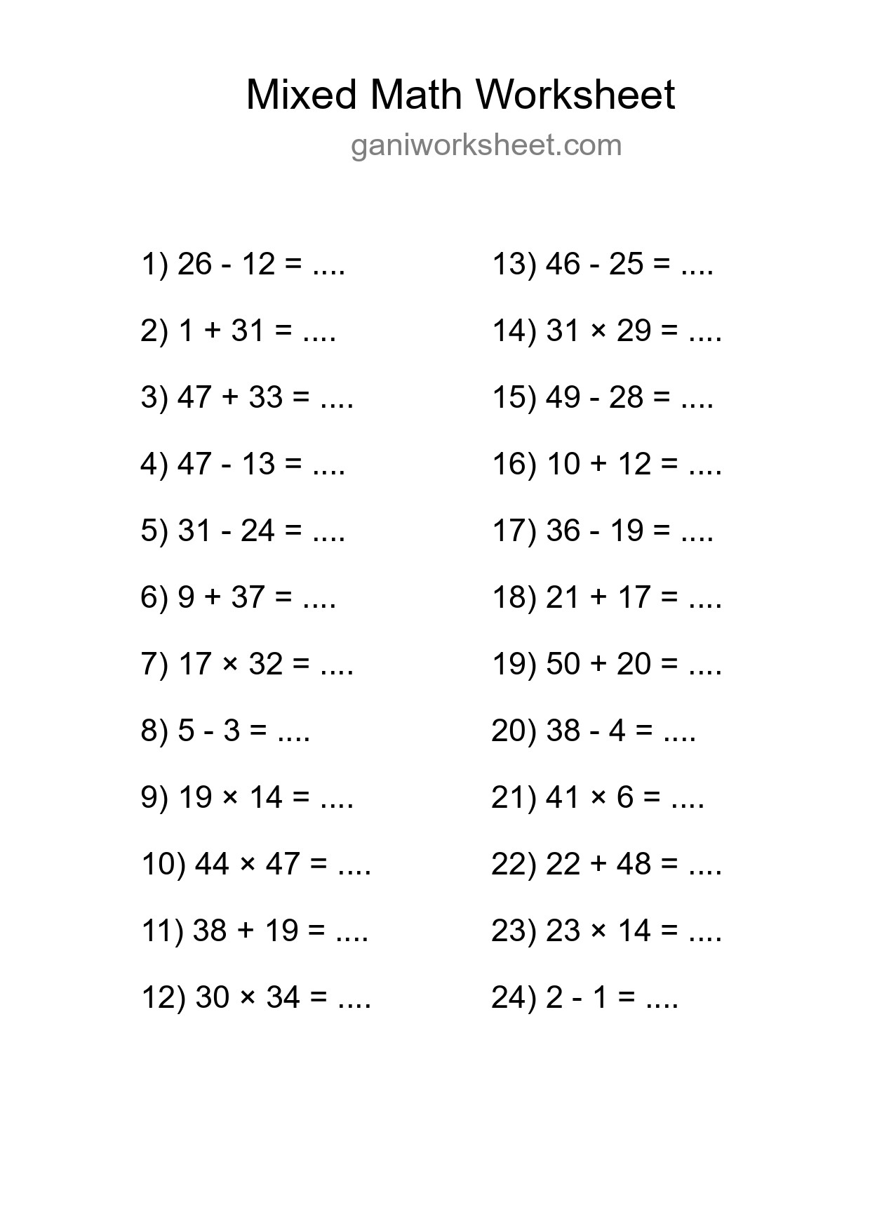 Printable Mixed Operations Worksheet for Grade 3