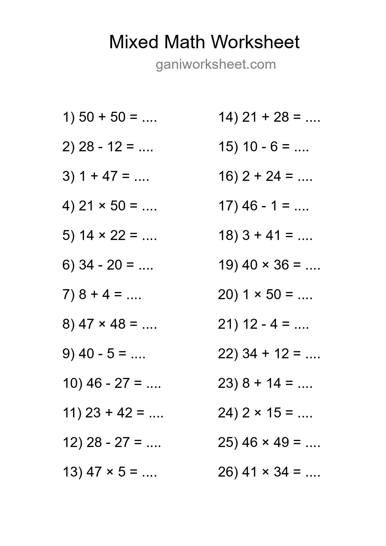 Printable Mixed Operations Worksheet for Grade 3