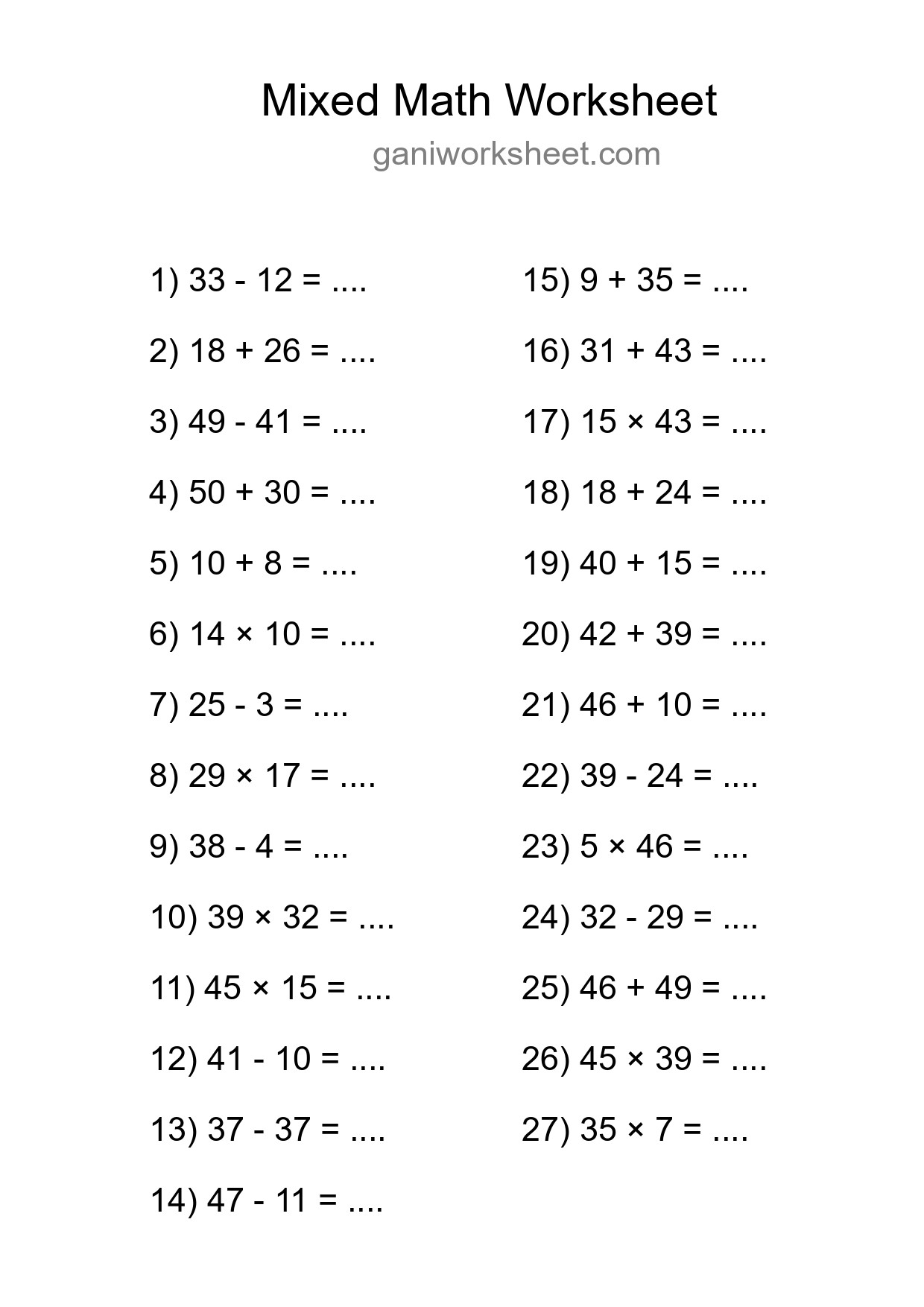Printable Mixed Operations Worksheet for Grade 3