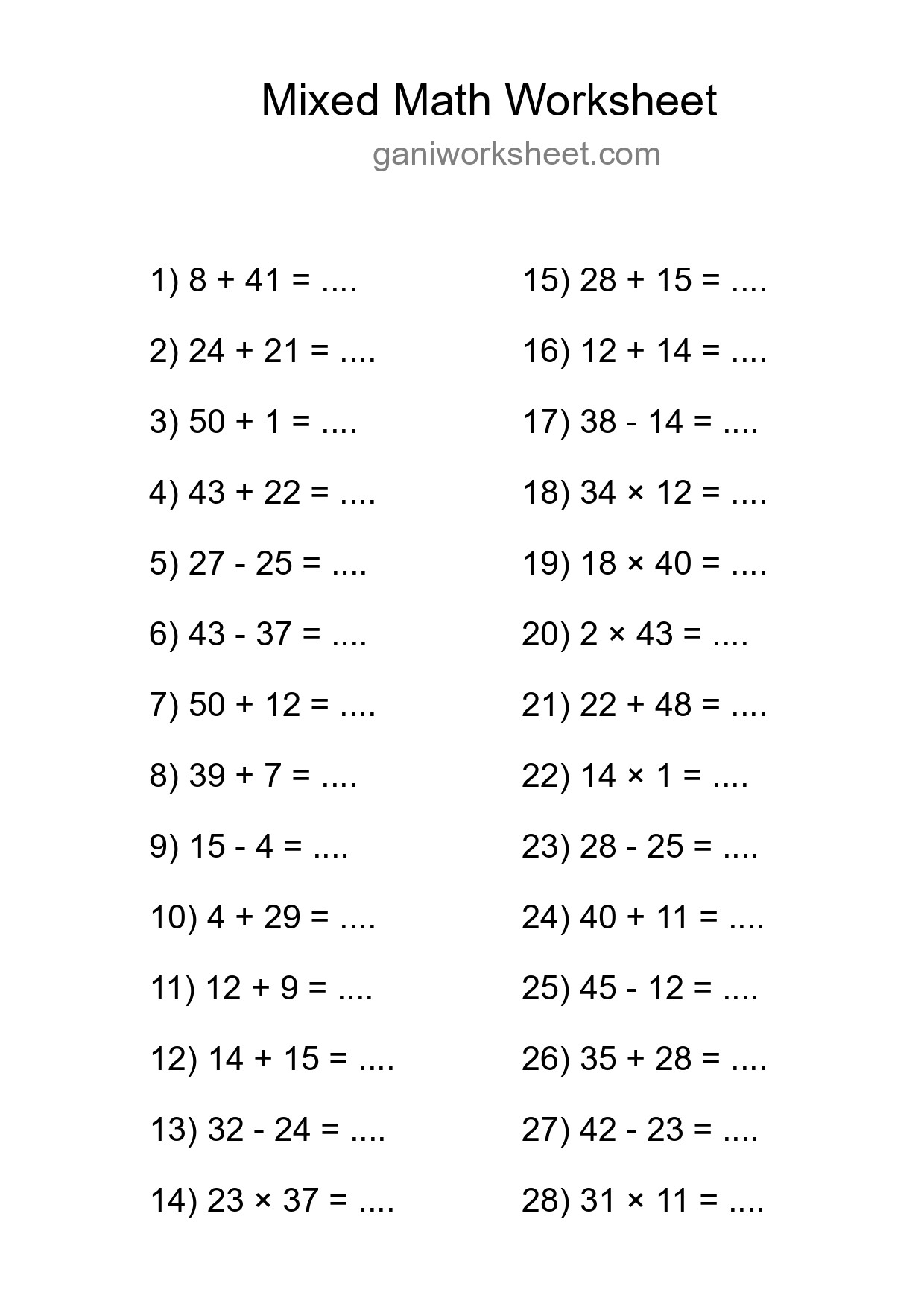 Printable Mixed Operations Worksheet for Grade 3