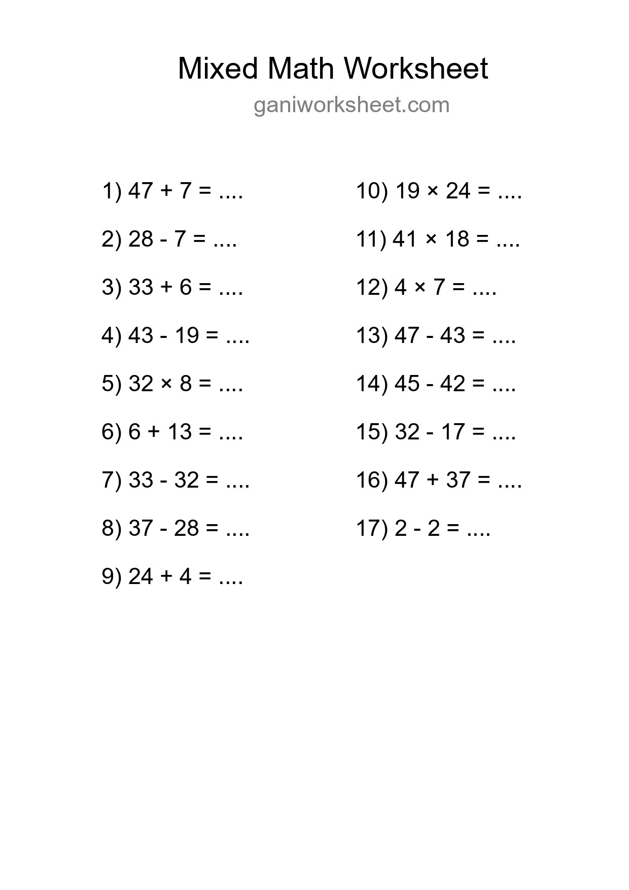 Printable Mixed Operations Worksheet for Grade 3