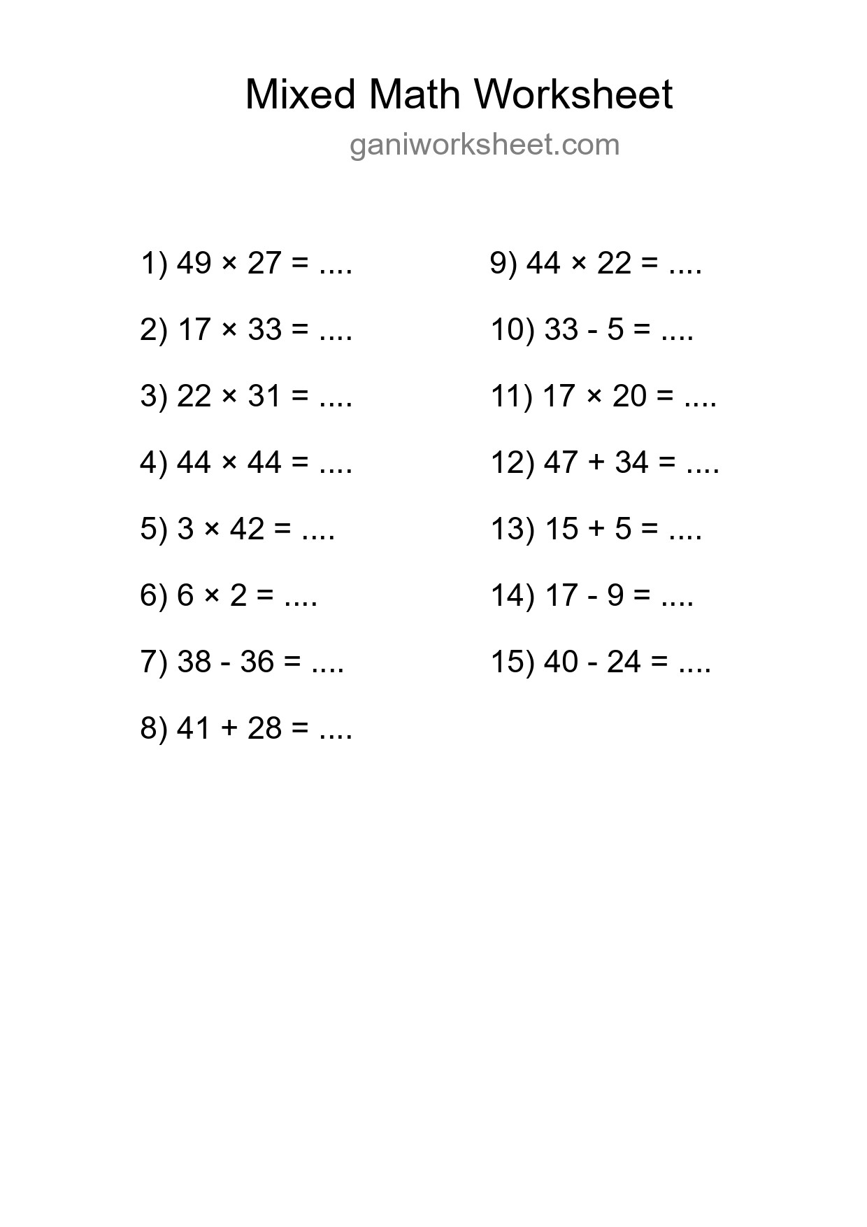 Printable Mixed Operations Worksheet for Grade 3