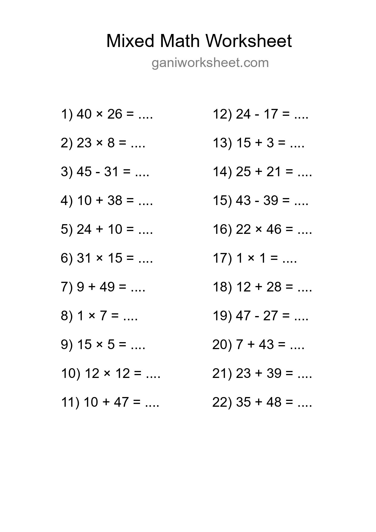 Printable Mixed Operations Worksheet for Grade 3