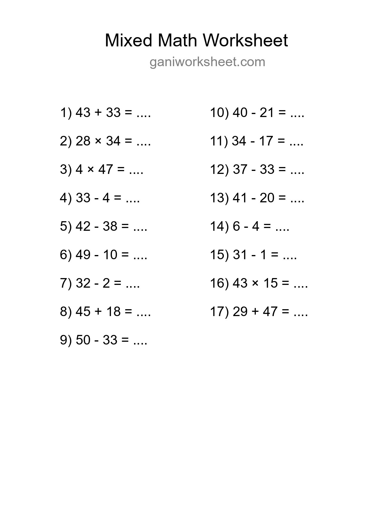Printable Mixed Operations Worksheet for Grade 3