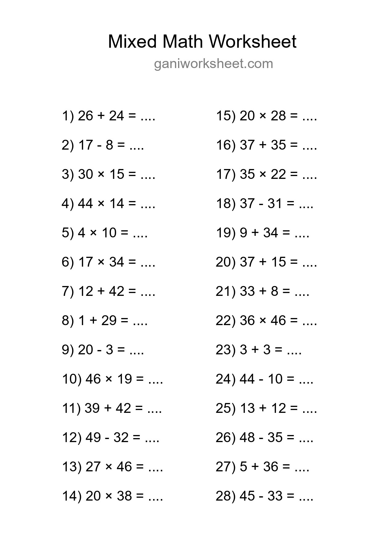 Printable Mixed Operations Worksheet for Grade 3