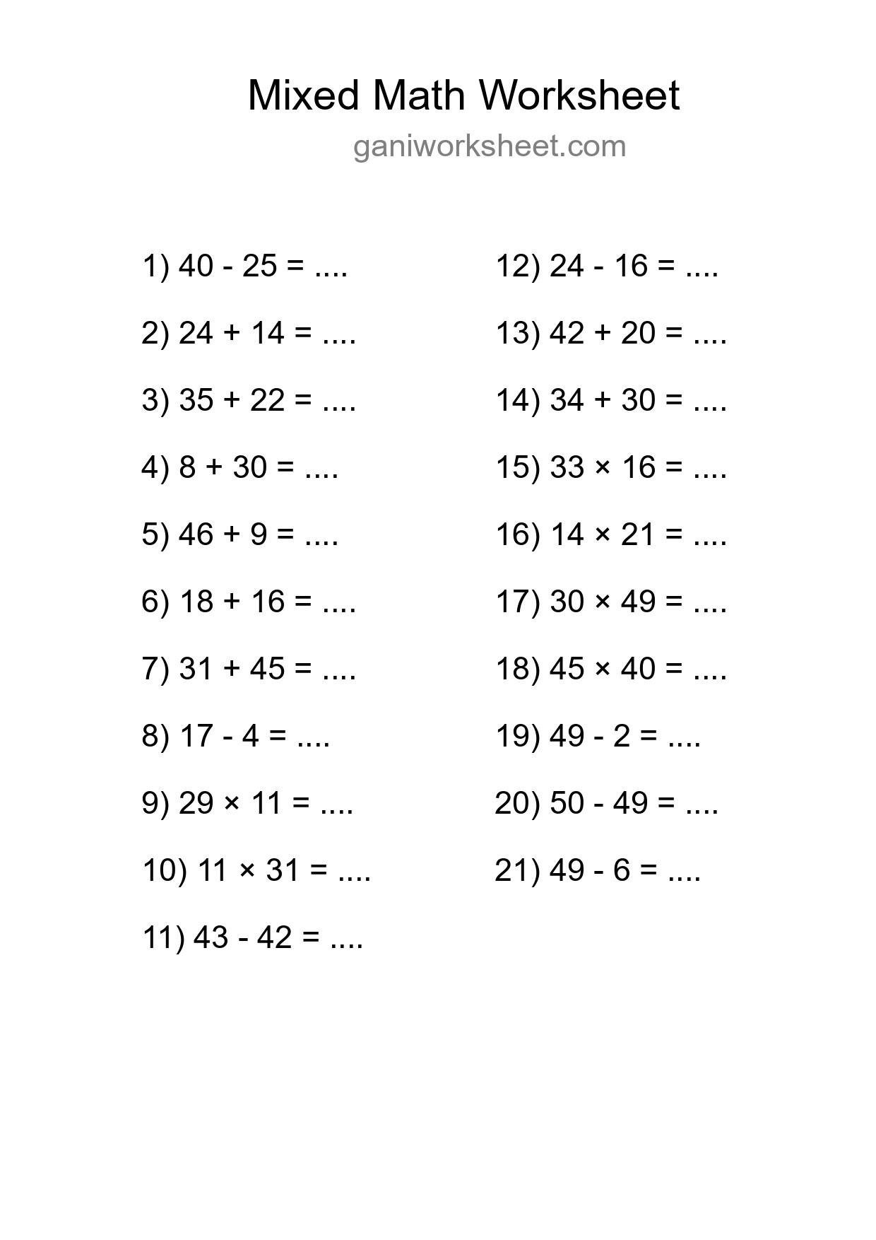 Mixed Operations Math Worksheet