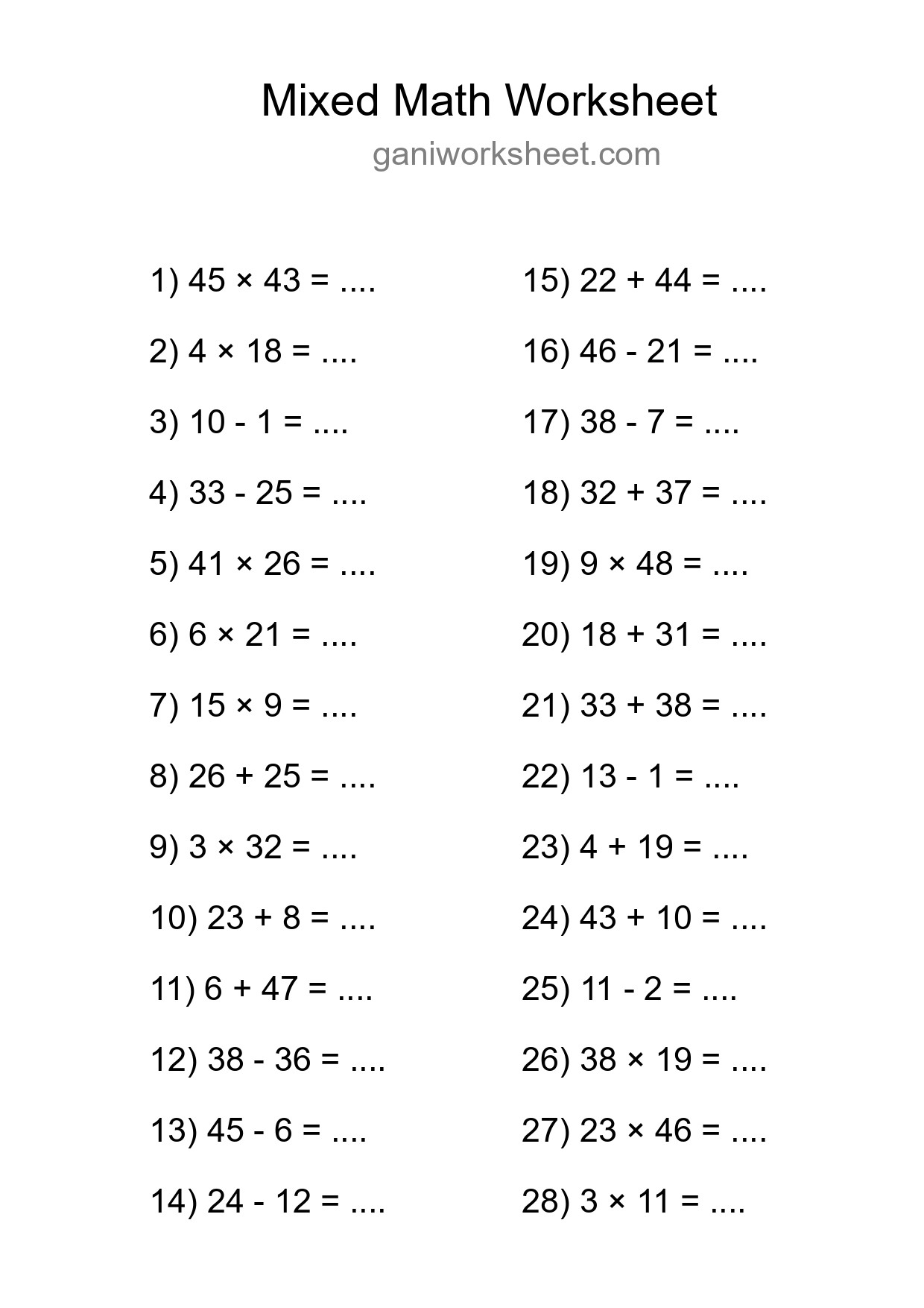Mixed Operations Math Worksheet