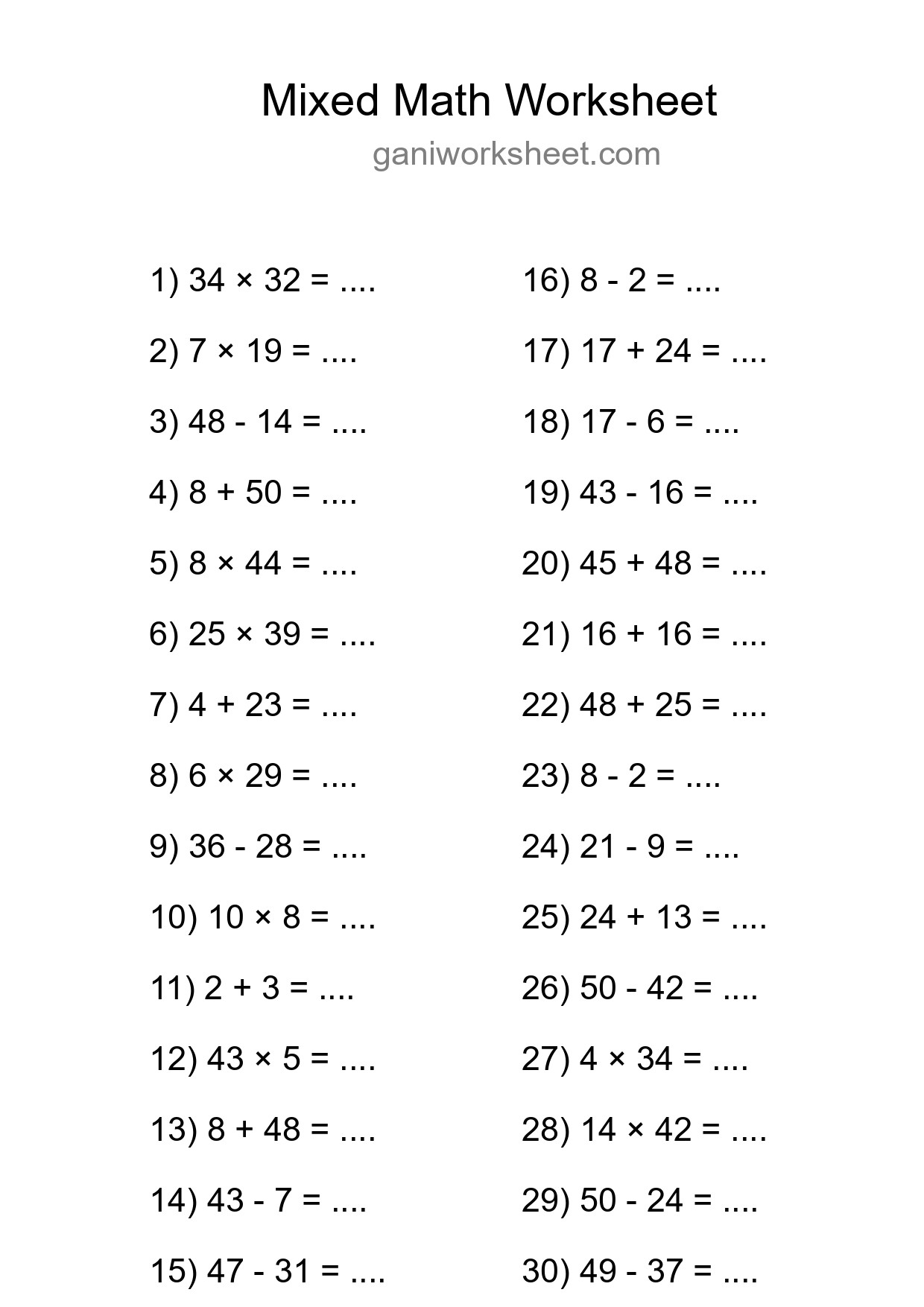 Mixed Operations Math Worksheet