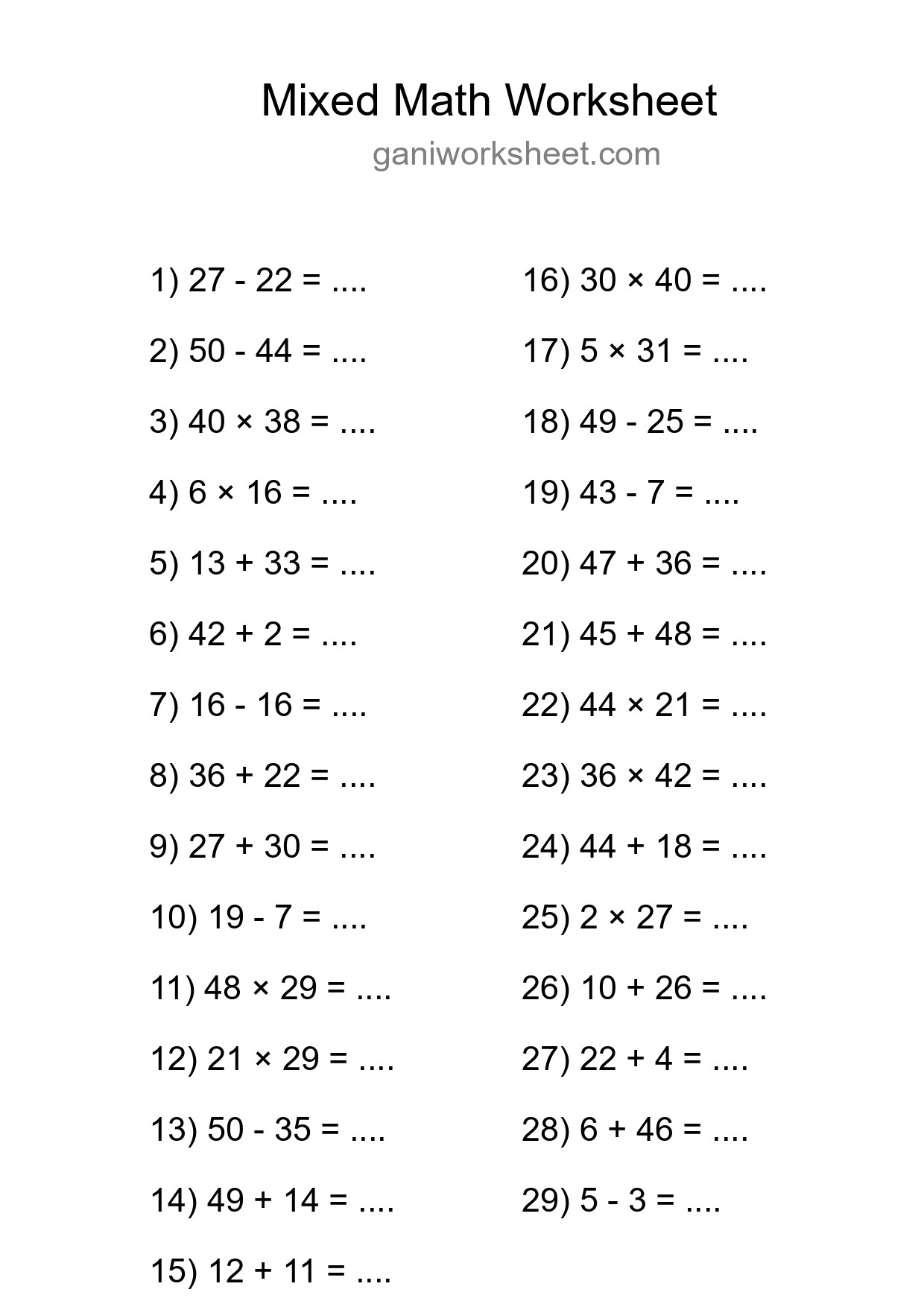 Printable Mixed Operations Worksheet for Grade 3