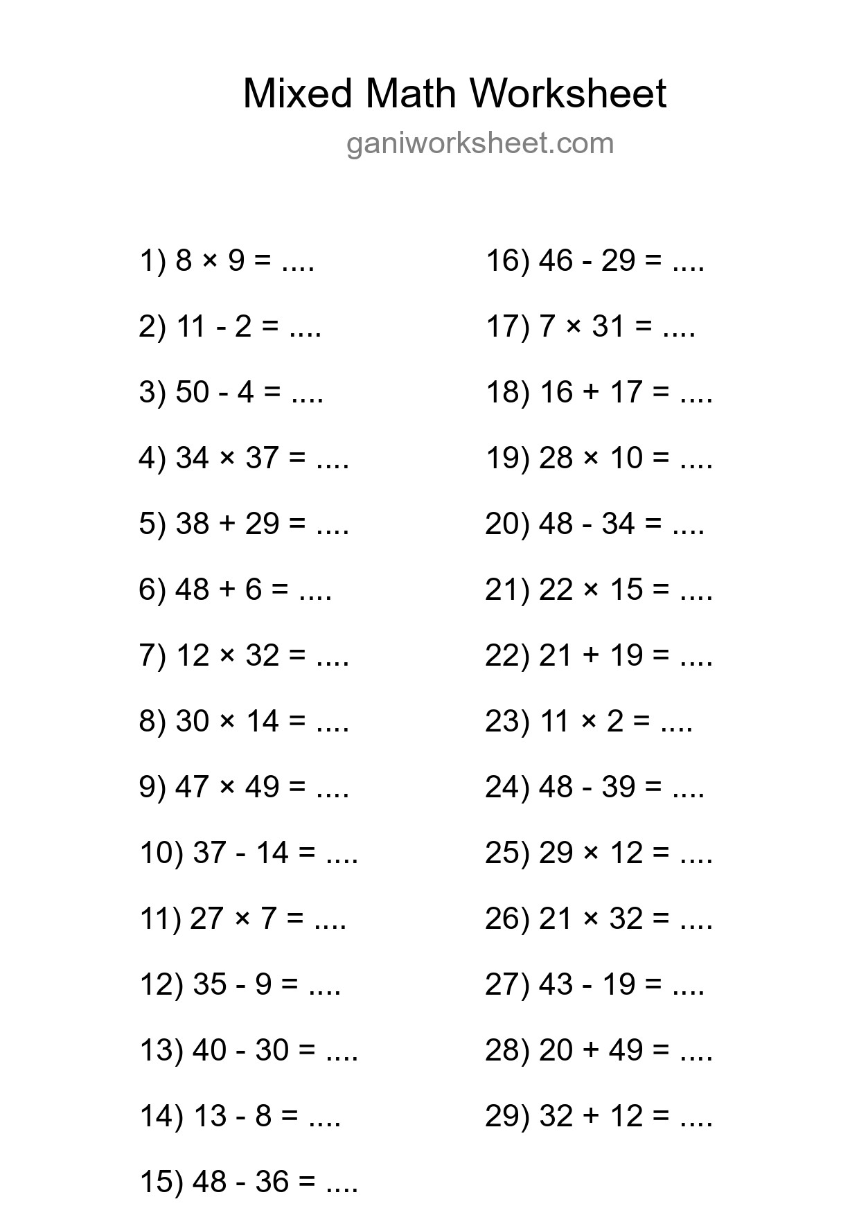 Printable Mixed Operations Worksheet for Grade 3