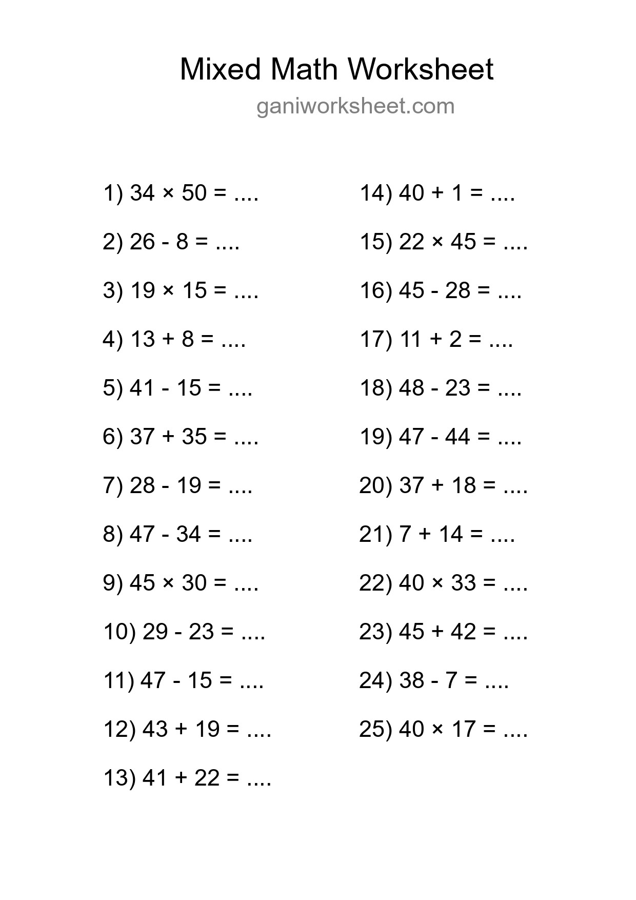 Mixed Operations Math Worksheet