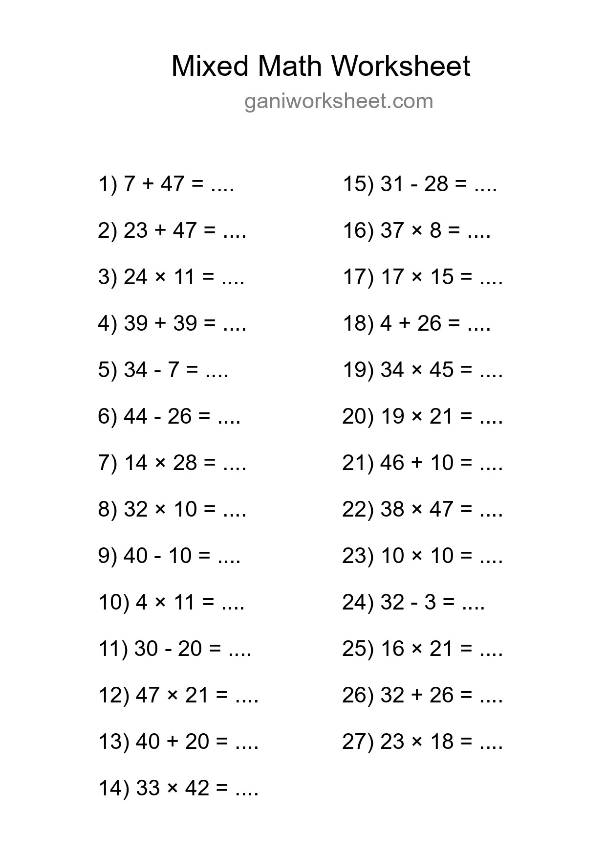 Printable Mixed Operations Worksheet for Grade 3
