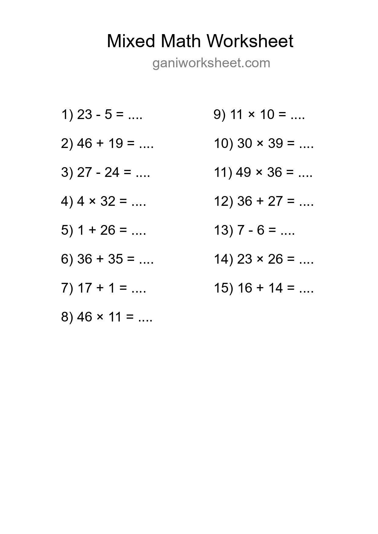 Mixed Operations Math Worksheet