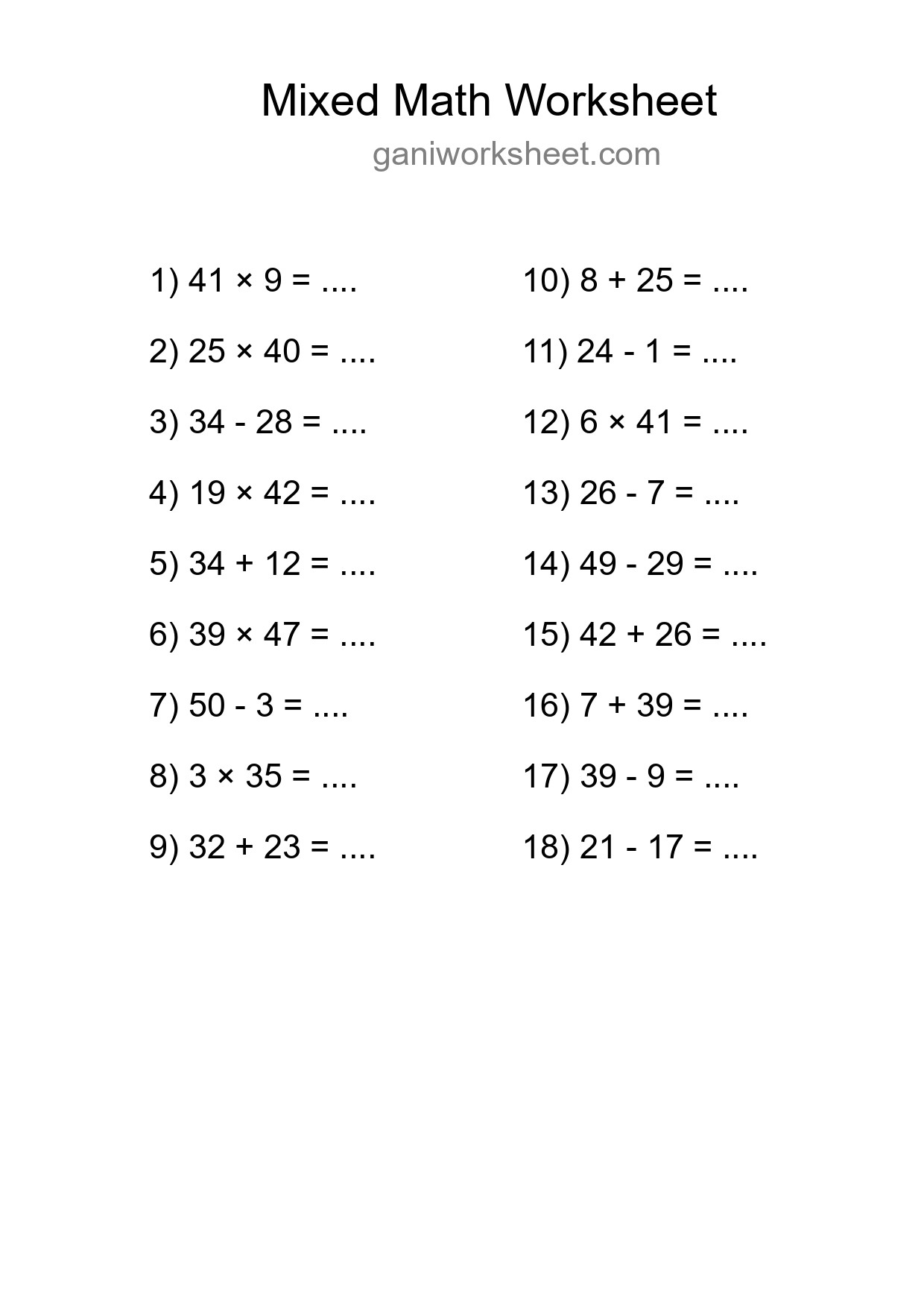 Printable Mixed Operations Worksheet for Grade 3