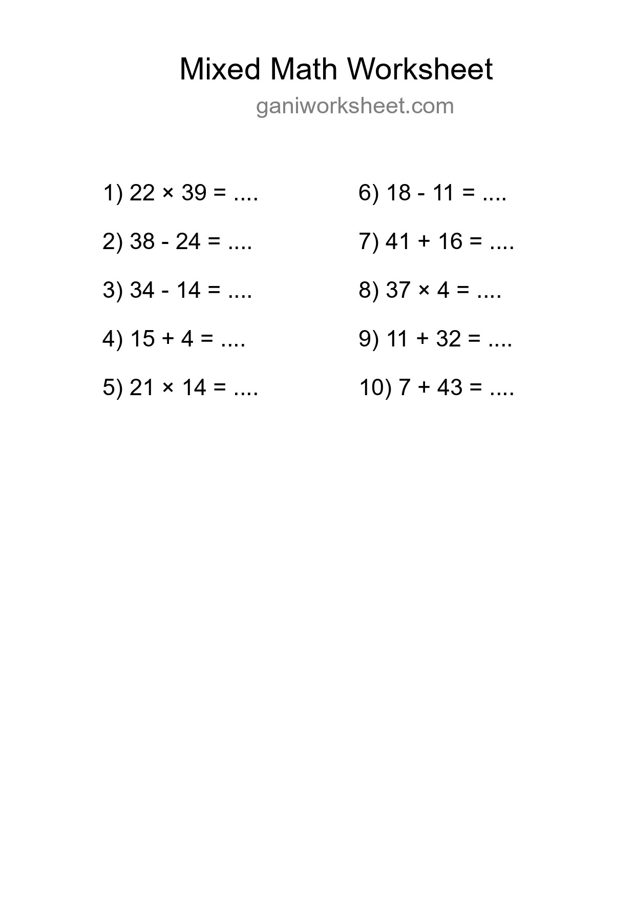 Mixed Operations Math Worksheet