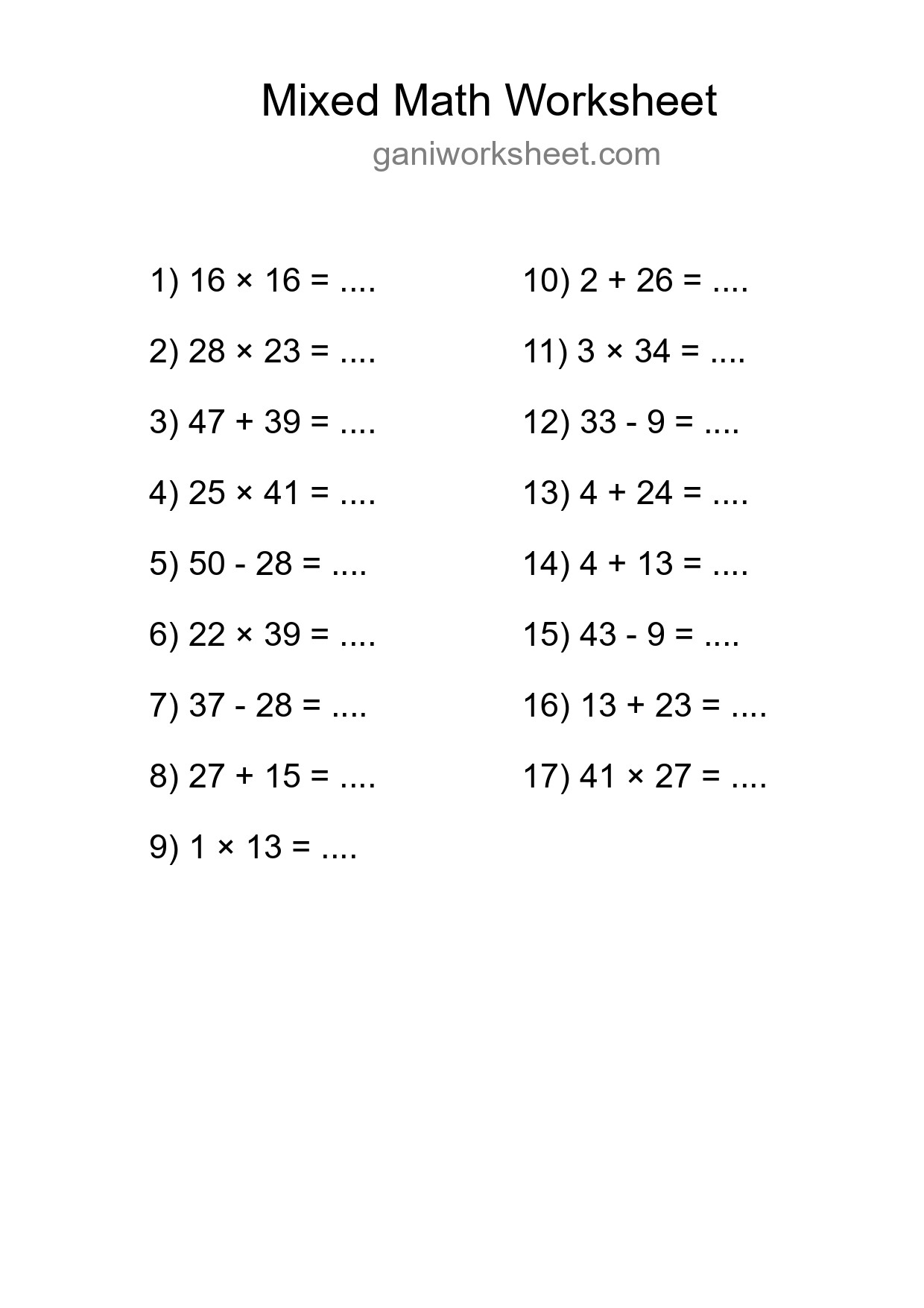 Printable Mixed Operations Worksheet for Grade 3