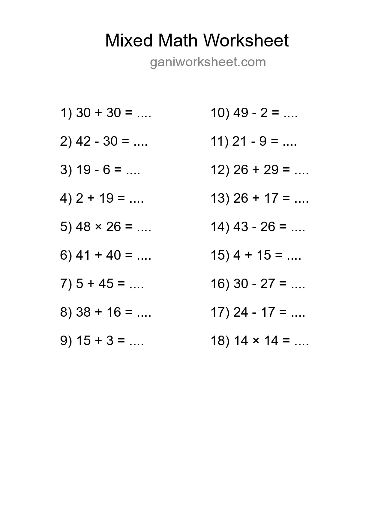 Printable Mixed Operations Worksheet for Grade 3