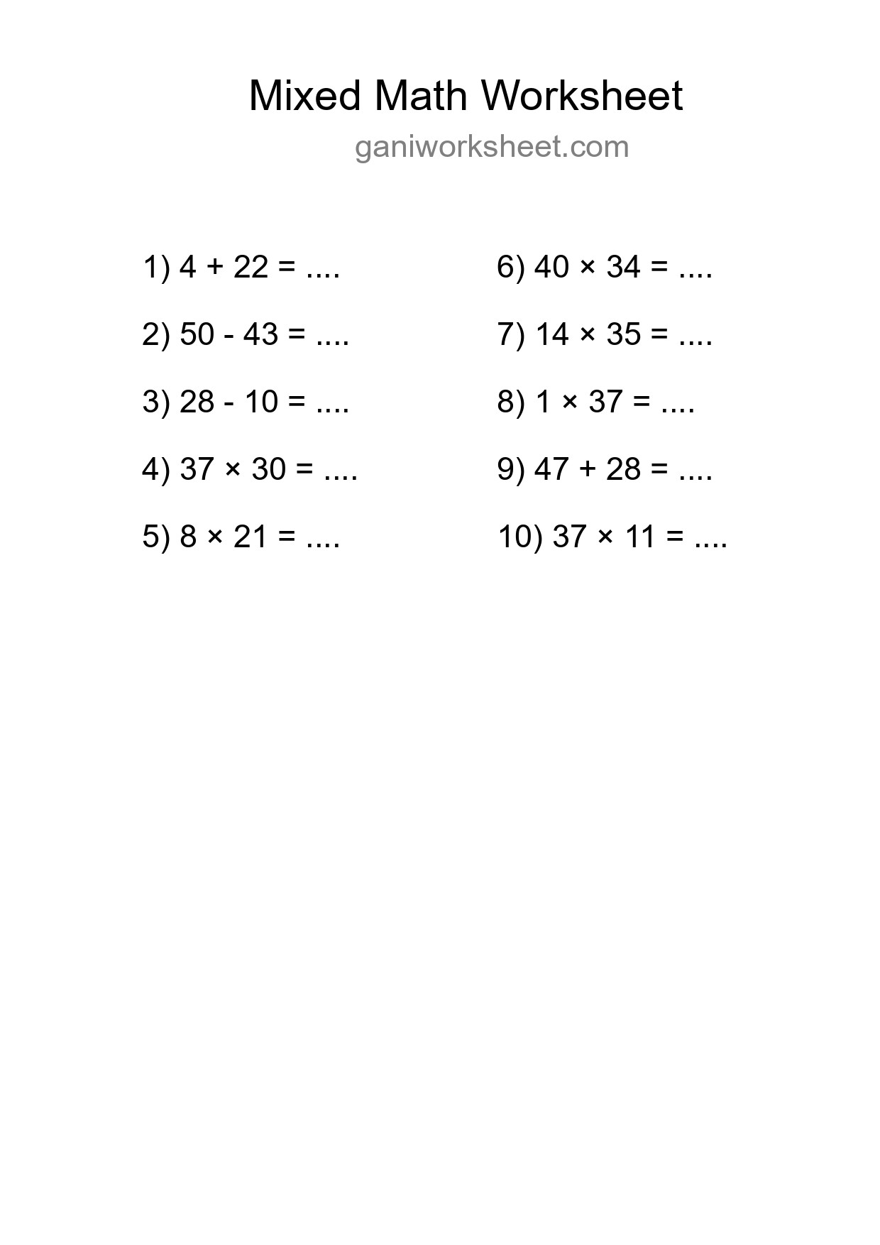 Printable Mixed Operations Worksheet for Grade 3