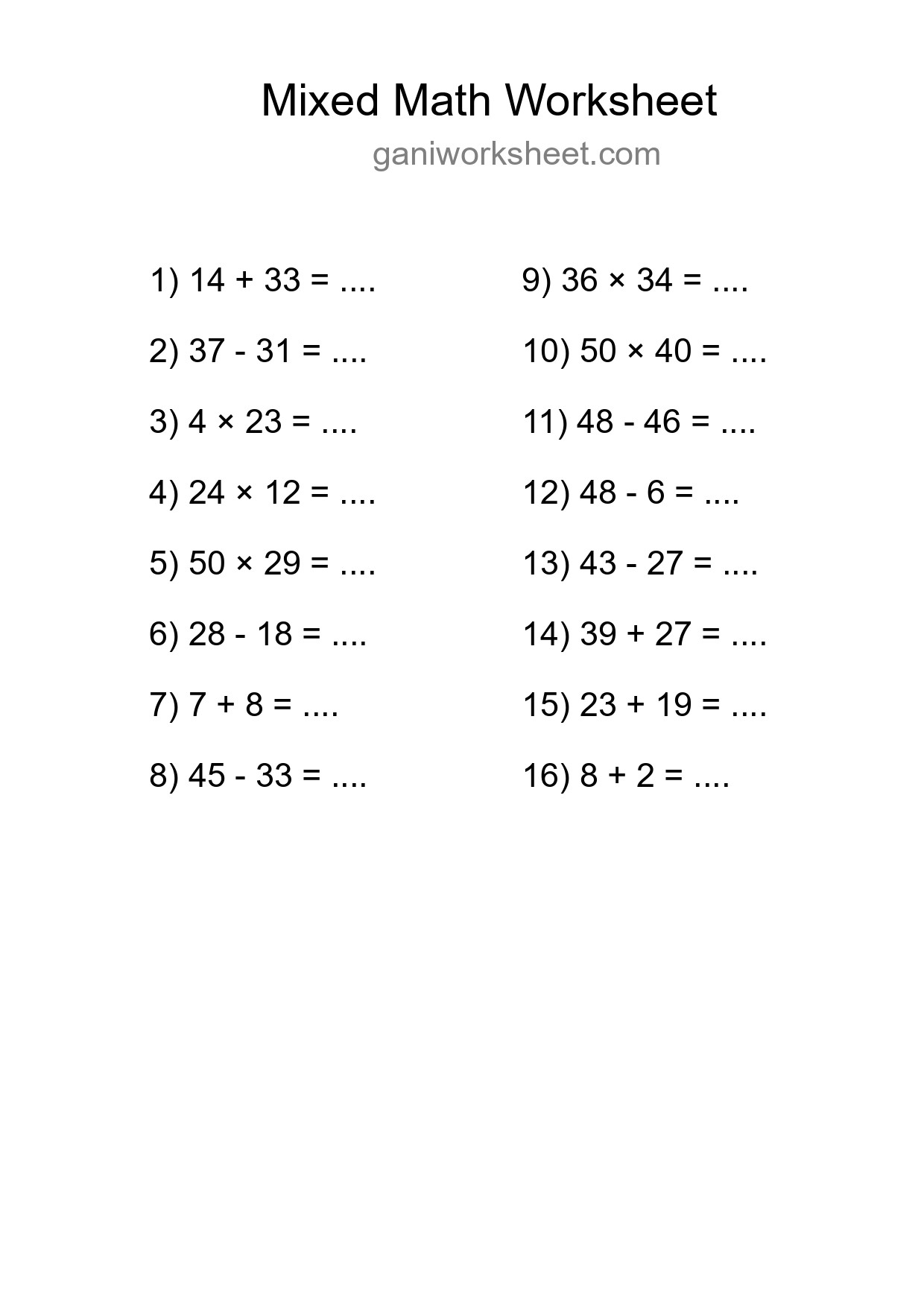 Printable Mixed Operations Worksheet for Grade 3