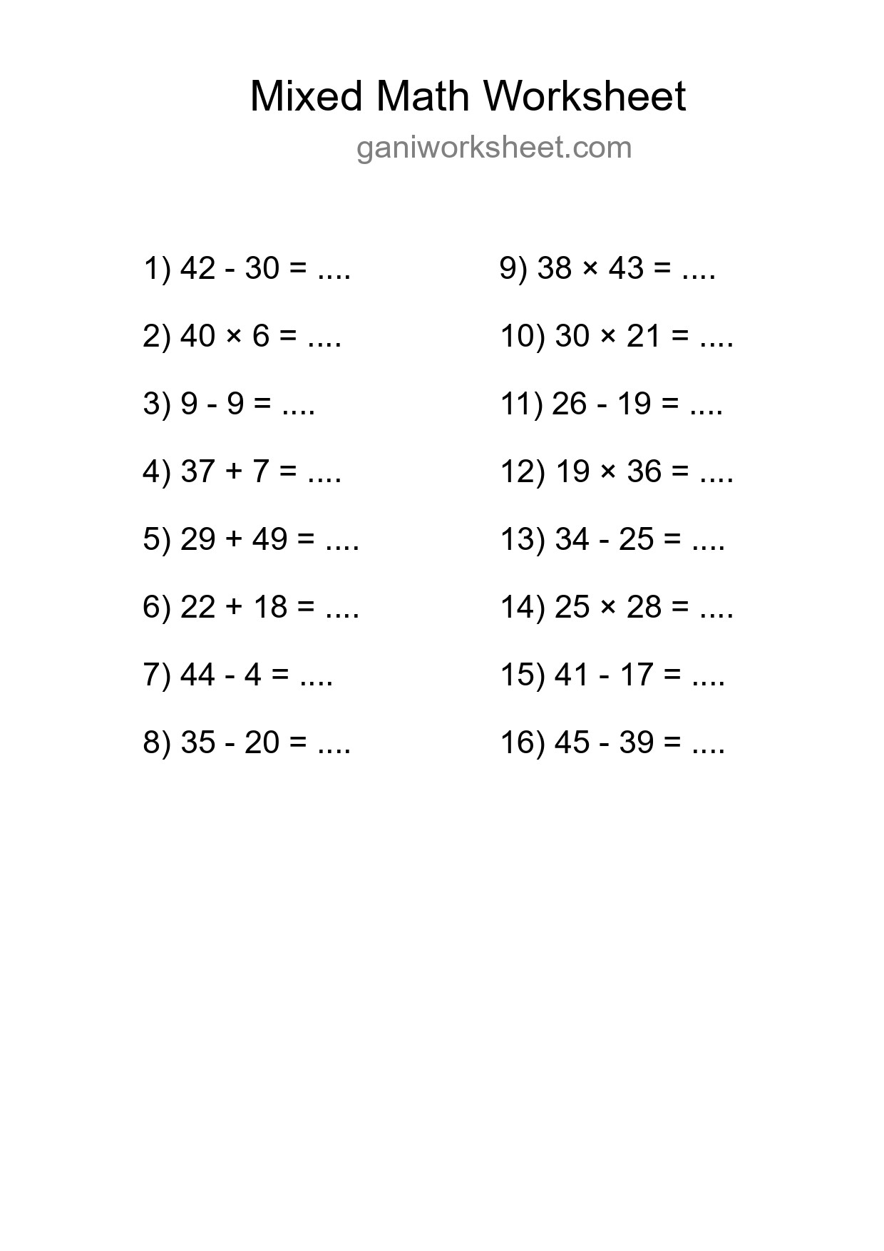 Printable Mixed Operations Worksheet for Grade 3
