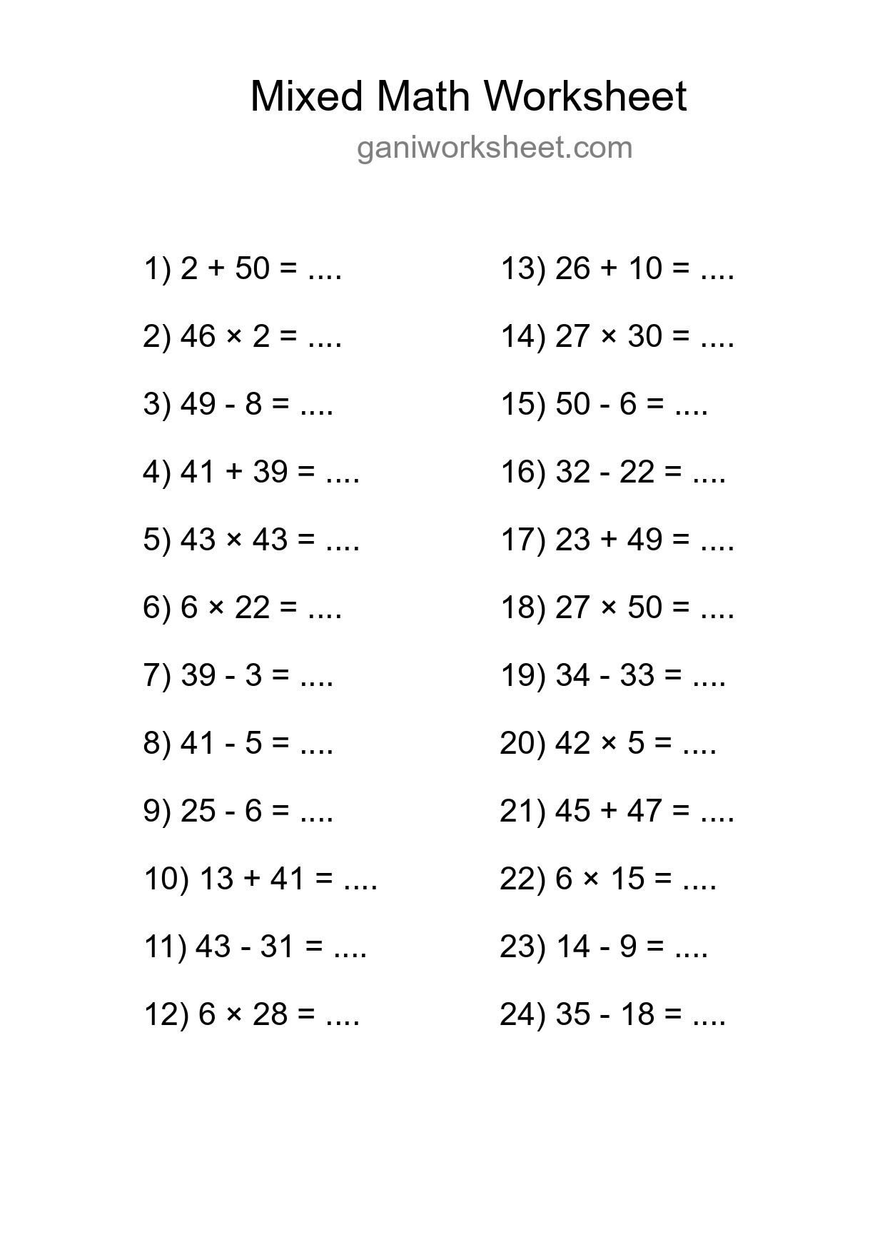 Printable Mixed Operations Worksheet for Grade 3