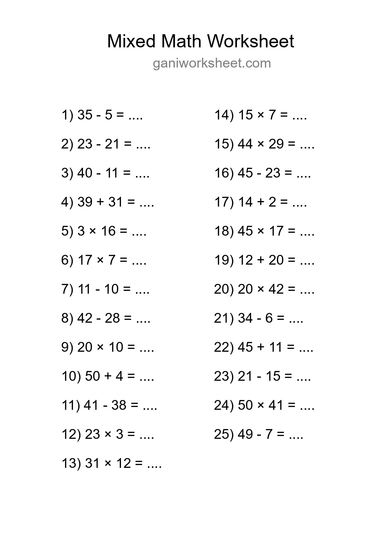 Printable Mixed Operations Worksheet for Grade 3