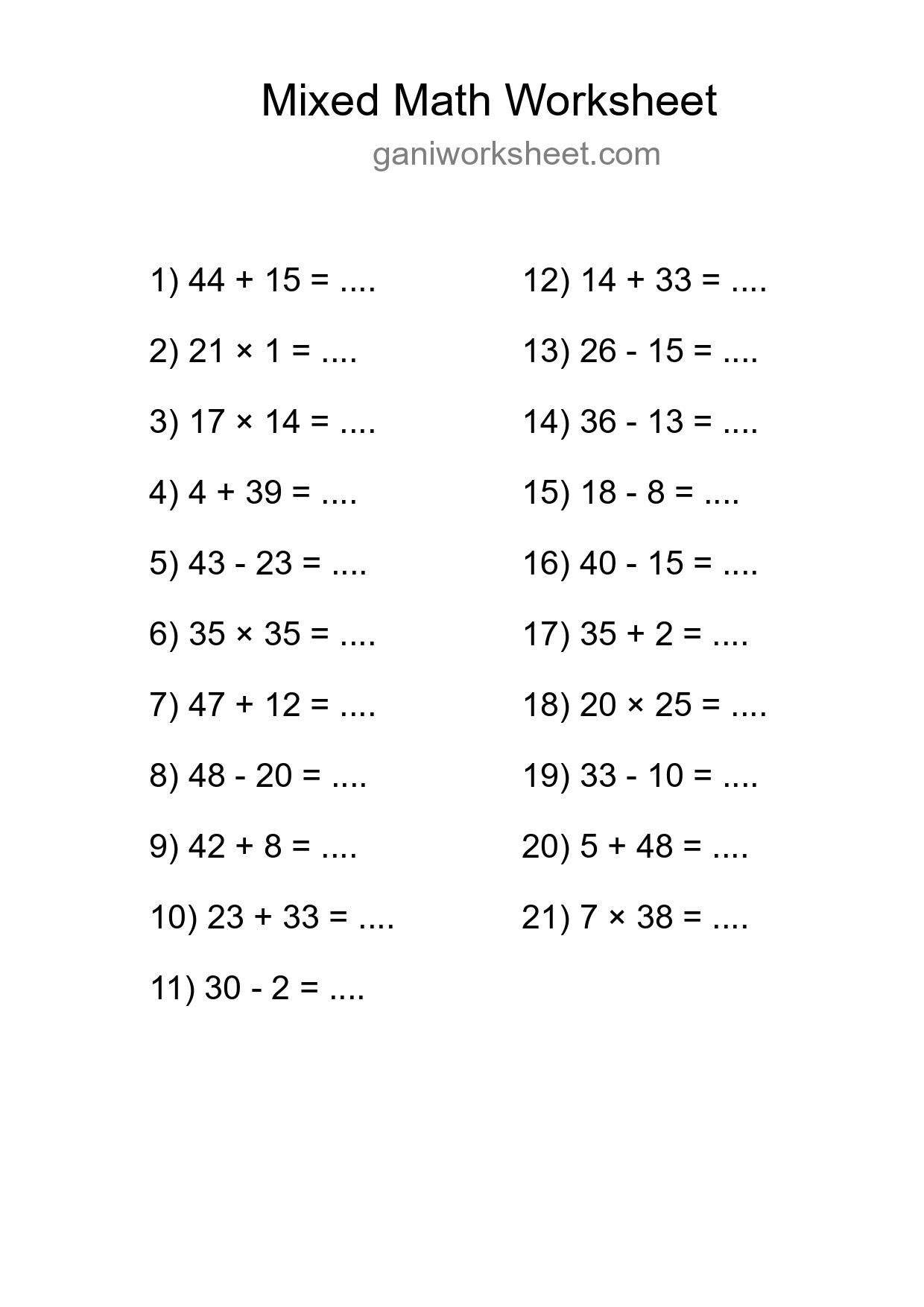 Printable Mixed Operations Worksheet for Grade 3