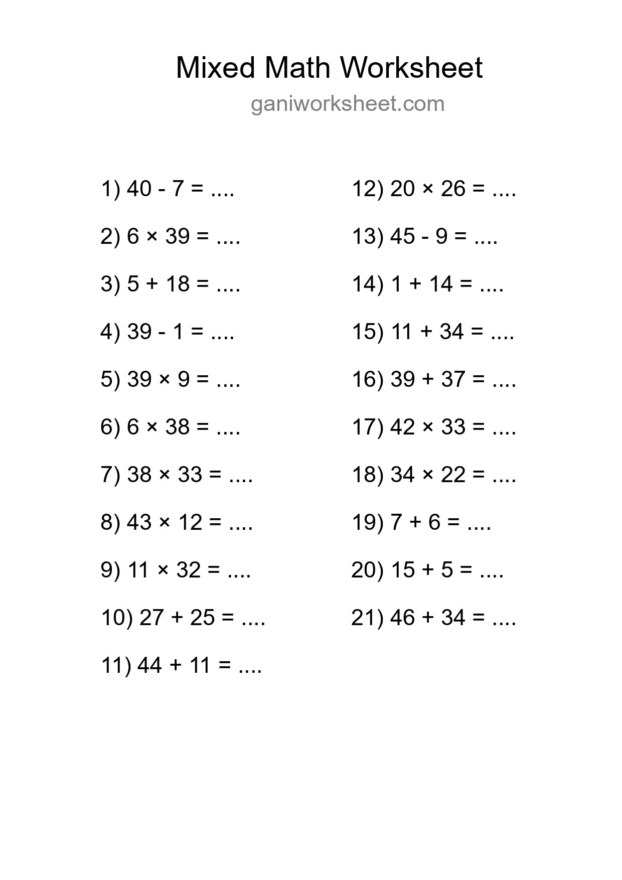Printable Mixed Operations Worksheet for Grade 3